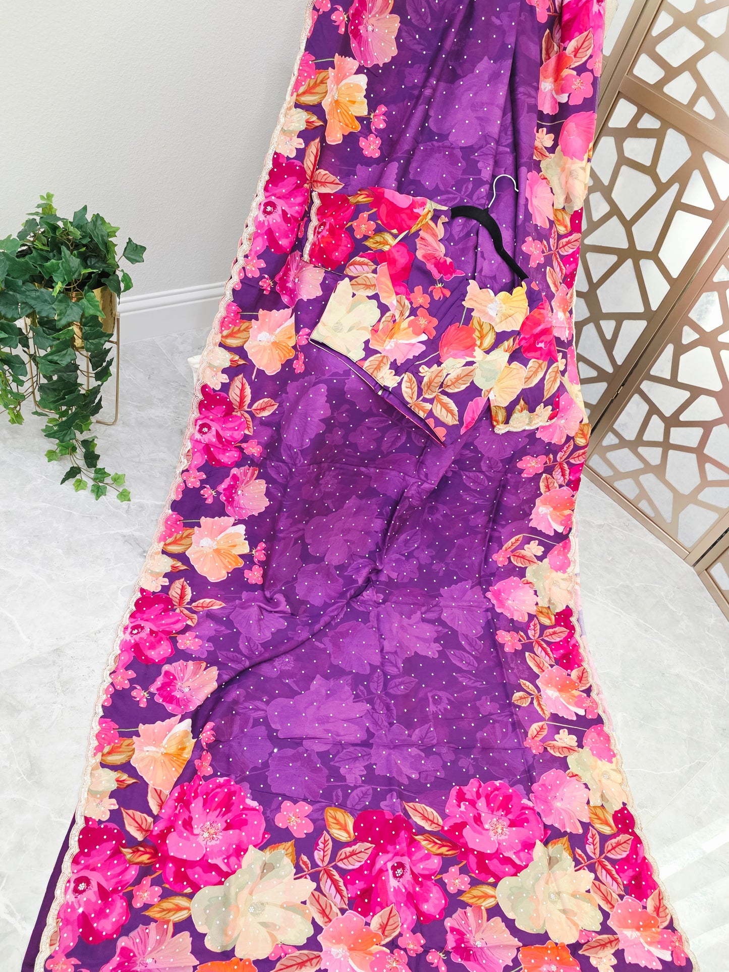 Amethyst Purple Floral Russian Crepe Silk Saree with Scalloped Sequin Border & Matching Stitched Blouse Size 36, Extendable to 42