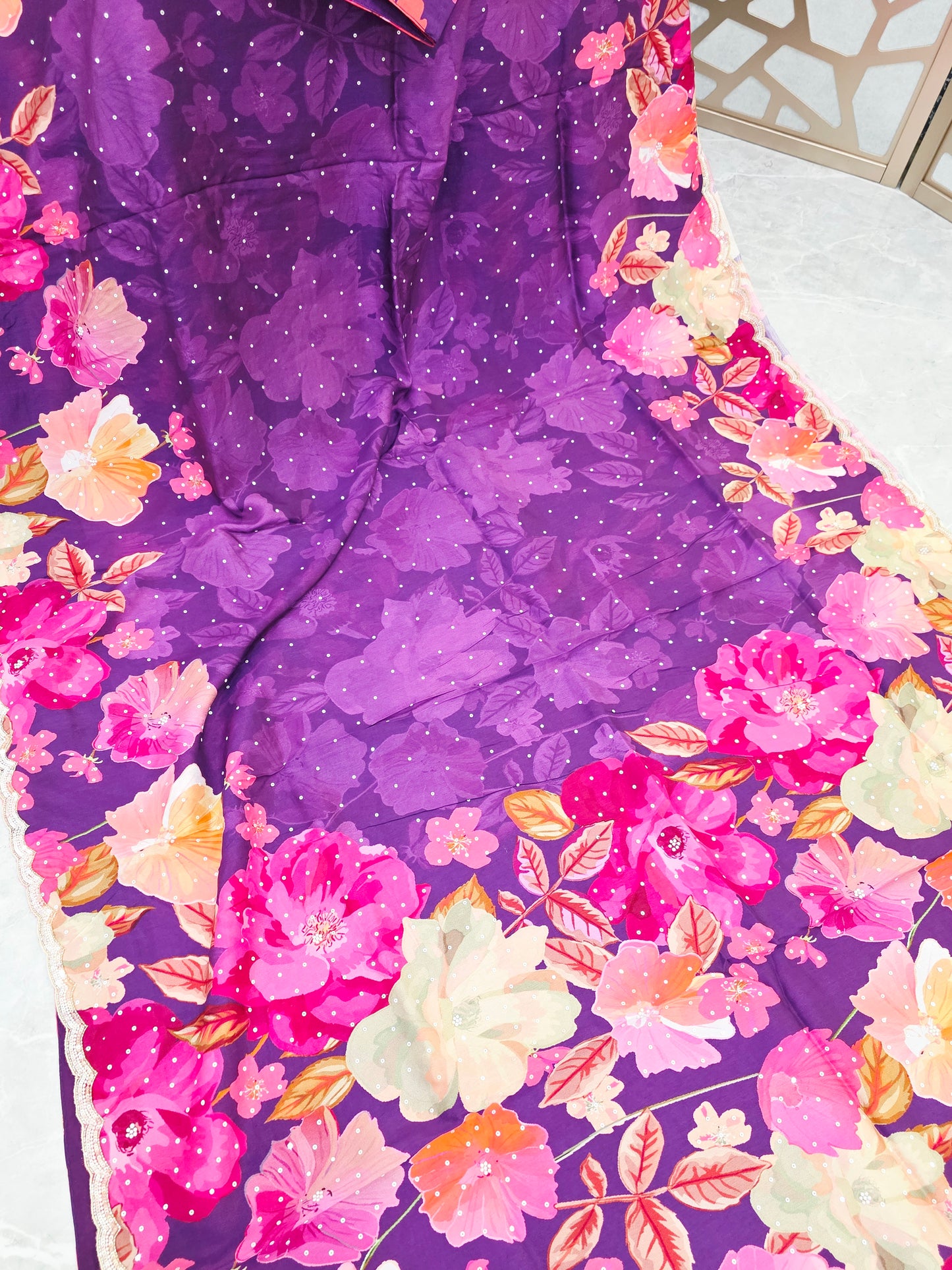 Amethyst Purple Floral Russian Crepe Silk Saree with Scalloped Sequin Border & Matching Stitched Blouse Size 36, Extendable to 42