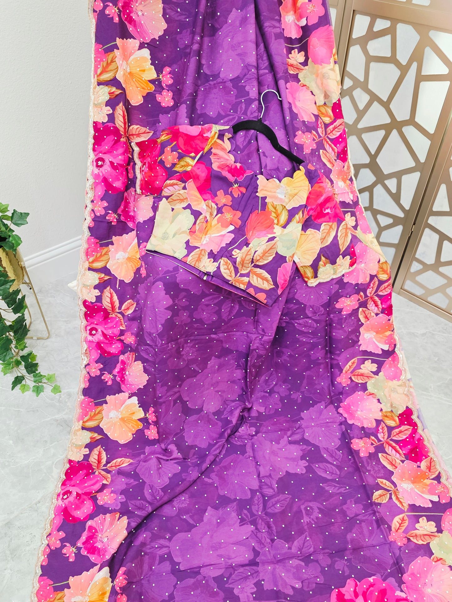 Amethyst Purple Floral Russian Crepe Silk Saree with Scalloped Sequin Border & Matching Stitched Blouse Size 36, Extendable to 42