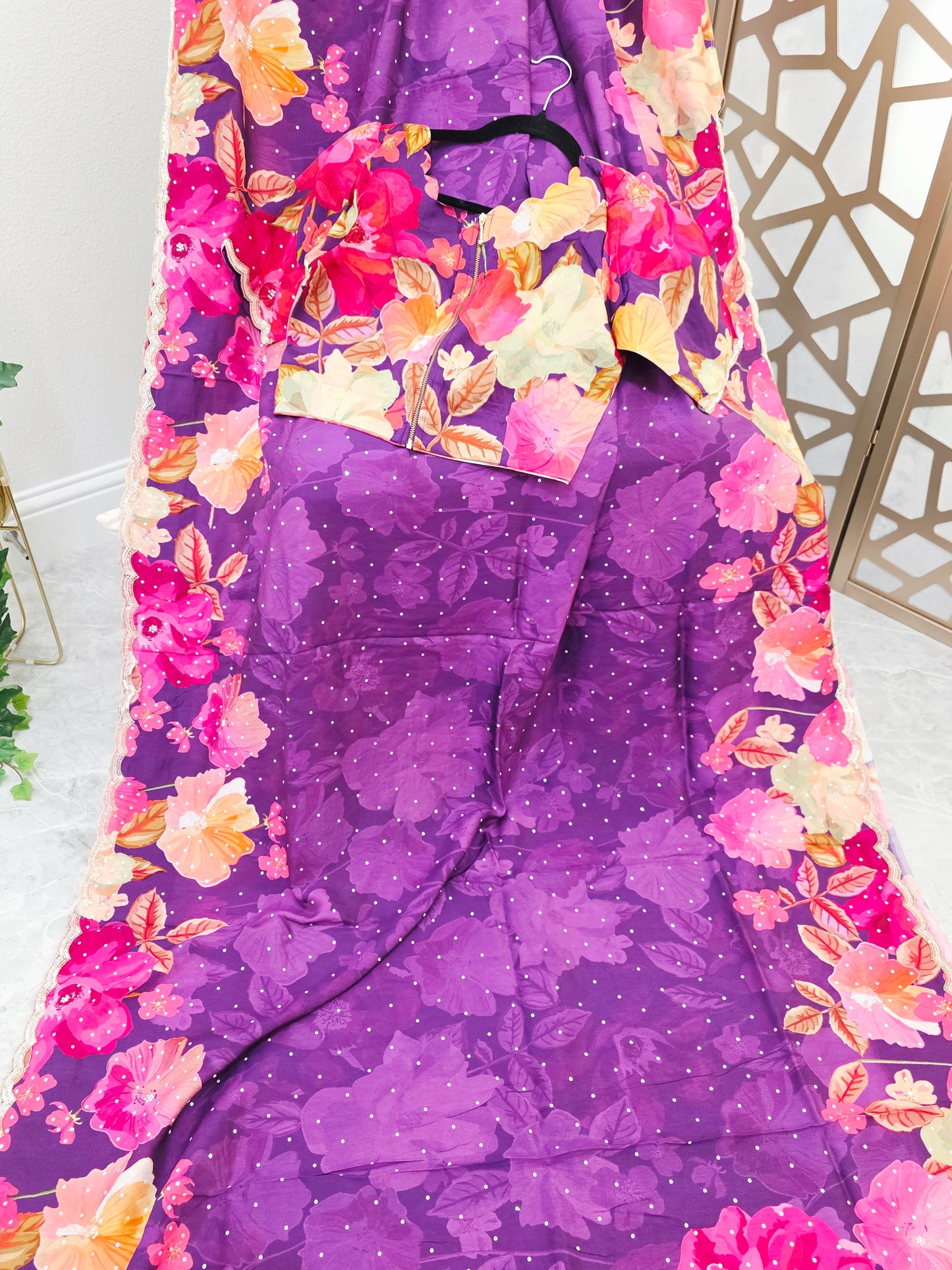 Amethyst Purple Floral Russian Crepe Silk Saree with Scalloped Sequin Border & Matching Stitched Blouse Size 36, Extendable to 42