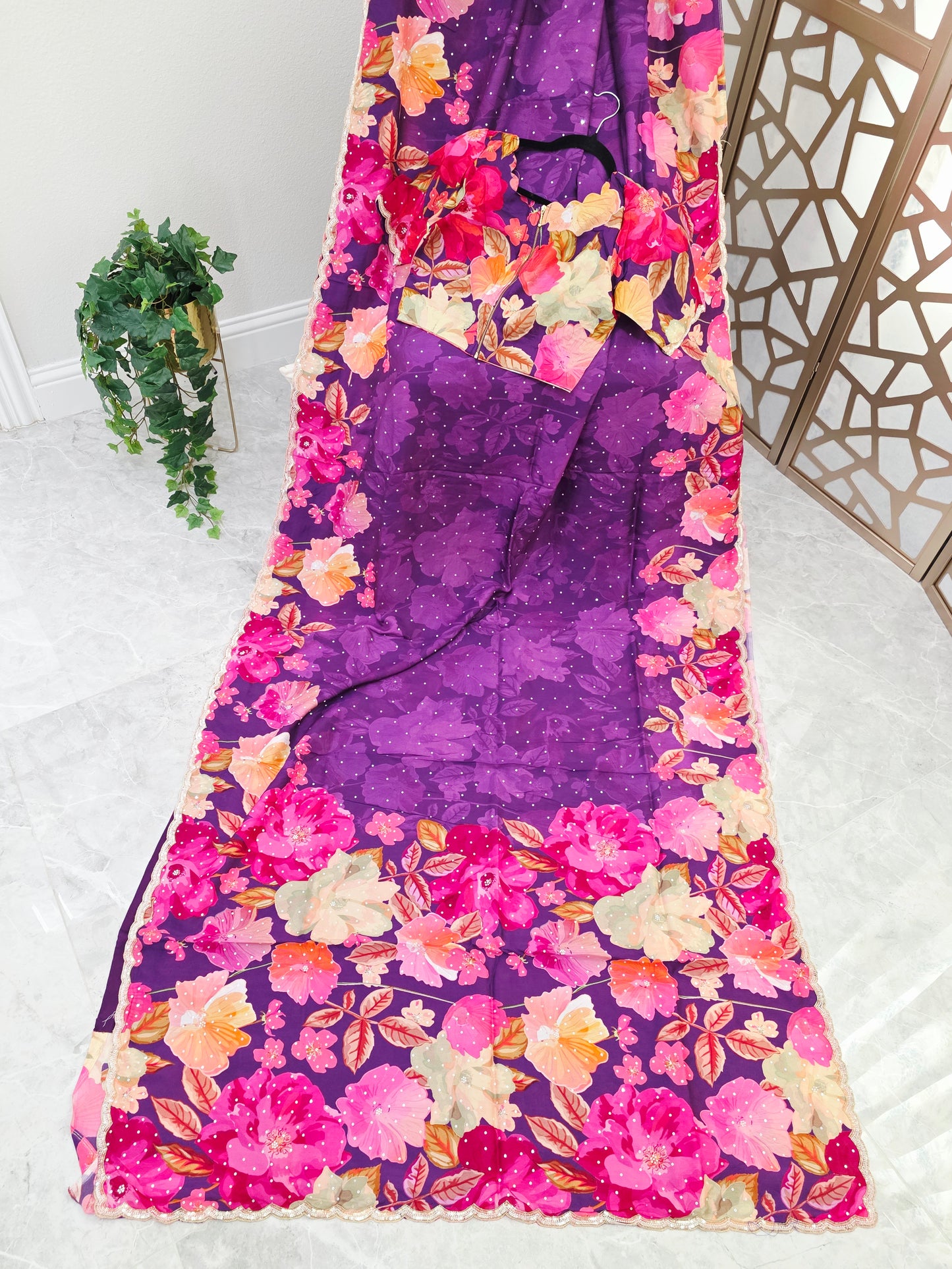 Amethyst Purple Floral Russian Crepe Silk Saree with Scalloped Sequin Border & Matching Stitched Blouse Size 36, Extendable to 42