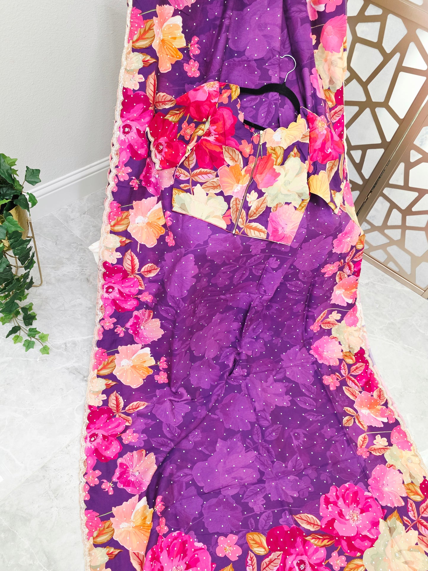 Amethyst Purple Floral Russian Crepe Silk Saree with Scalloped Sequin Border & Matching Stitched Blouse Size 36, Extendable to 42