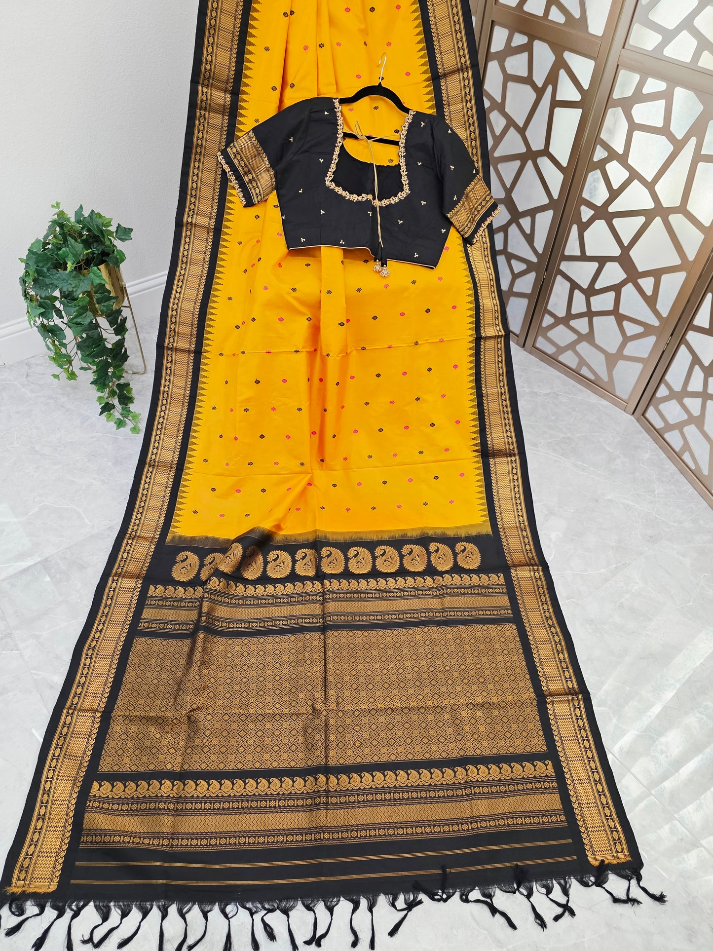 Marigold Yellow & Jet Black Pure Gadwal Handloom Silk Saree with Gold-Toned Borders & Stitched Maggam Blouse Size 40, Extendable to 46