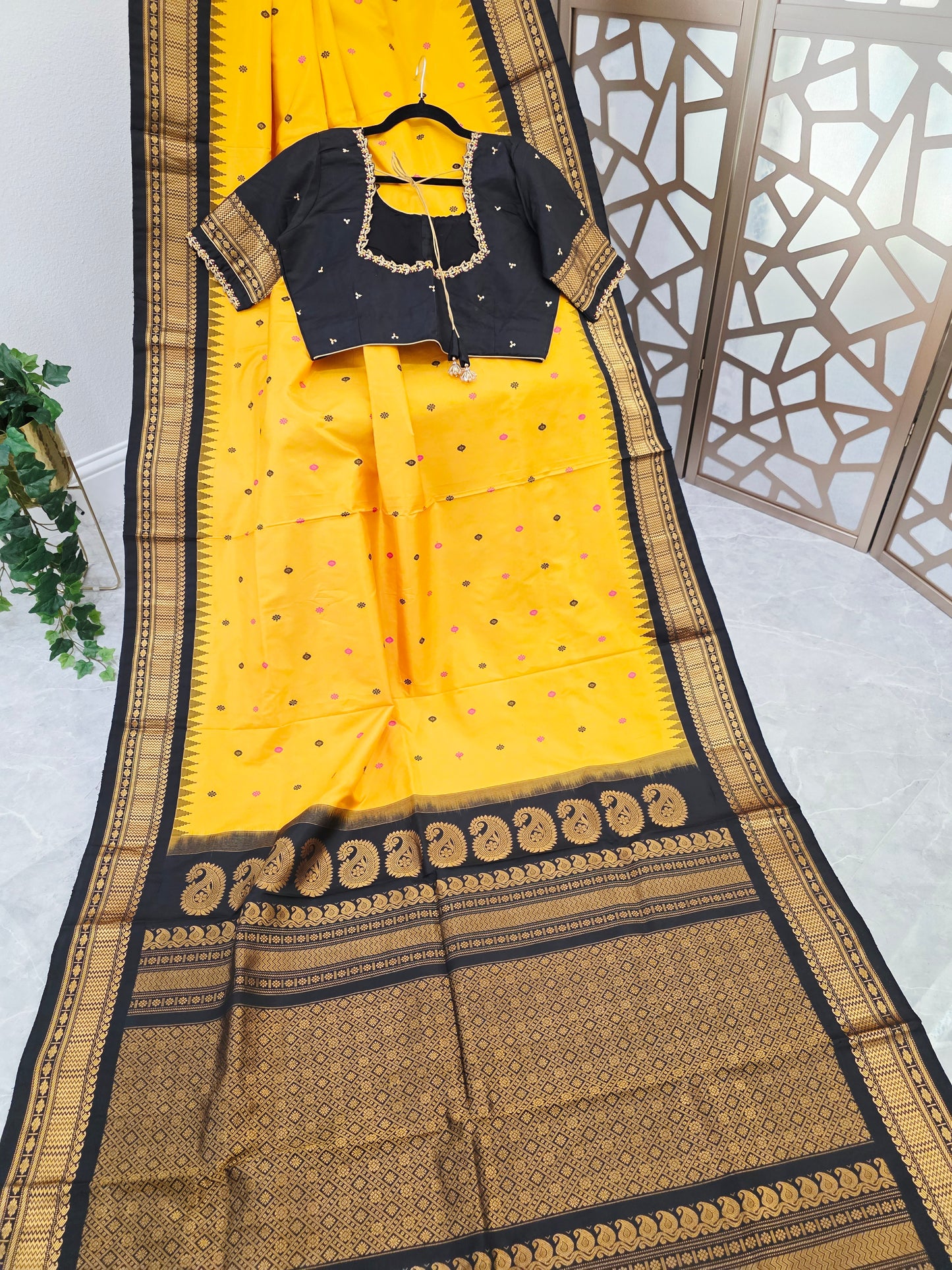 Marigold Yellow & Jet Black Pure Gadwal Handloom Silk Saree with Gold-Toned Borders & Stitched Maggam Blouse Size 40, Extendable to 46