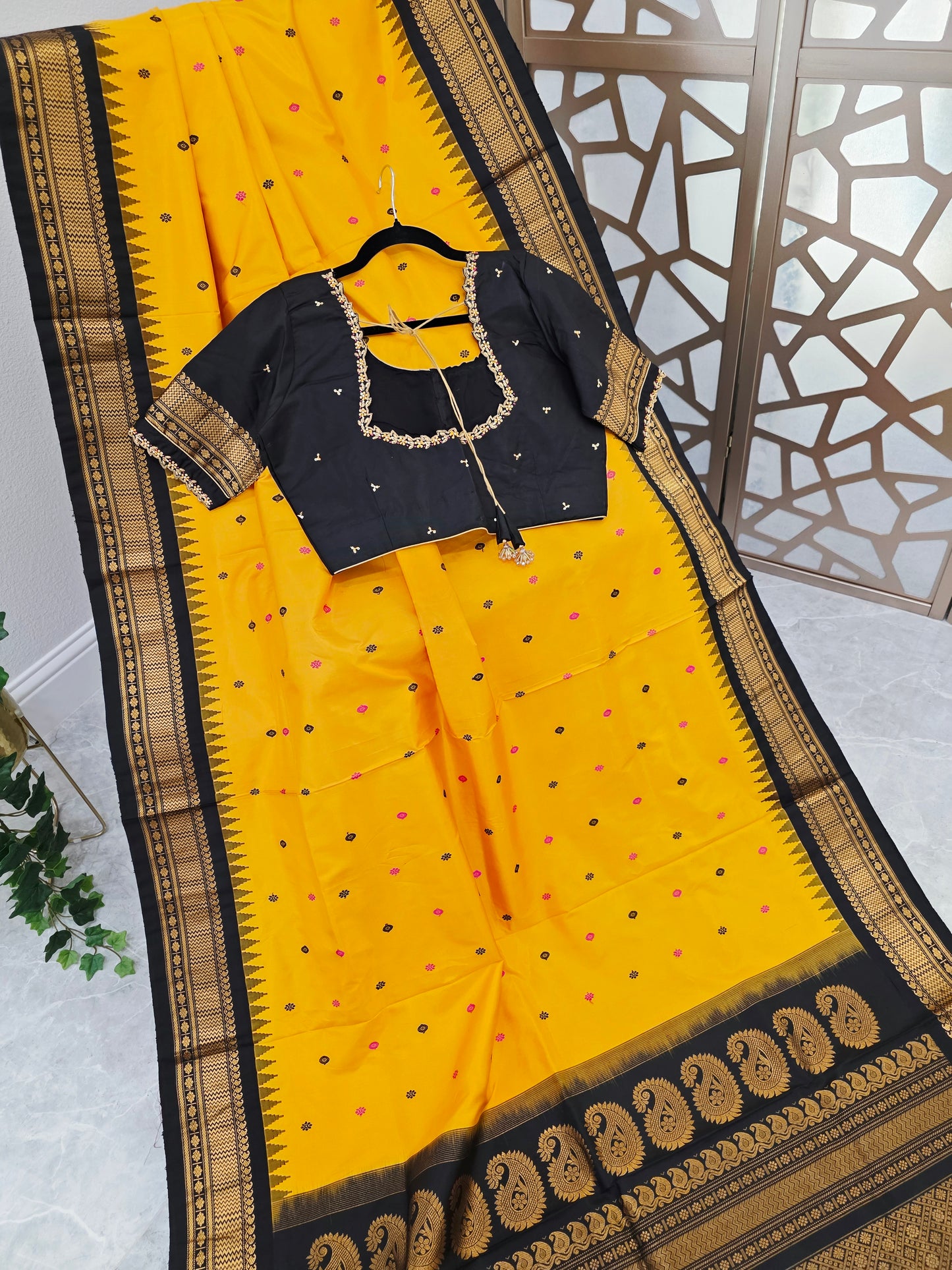 Marigold Yellow & Jet Black Pure Gadwal Handloom Silk Saree with Gold-Toned Borders & Stitched Maggam Blouse Size 40, Extendable to 46