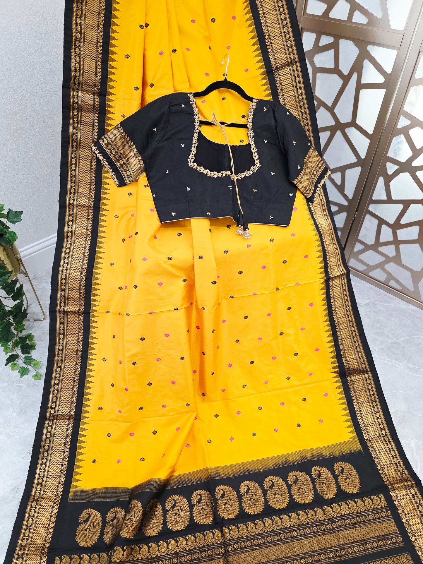 Marigold Yellow & Jet Black Pure Gadwal Handloom Silk Saree with Gold-Toned Borders & Stitched Maggam Blouse Size 40, Extendable to 46