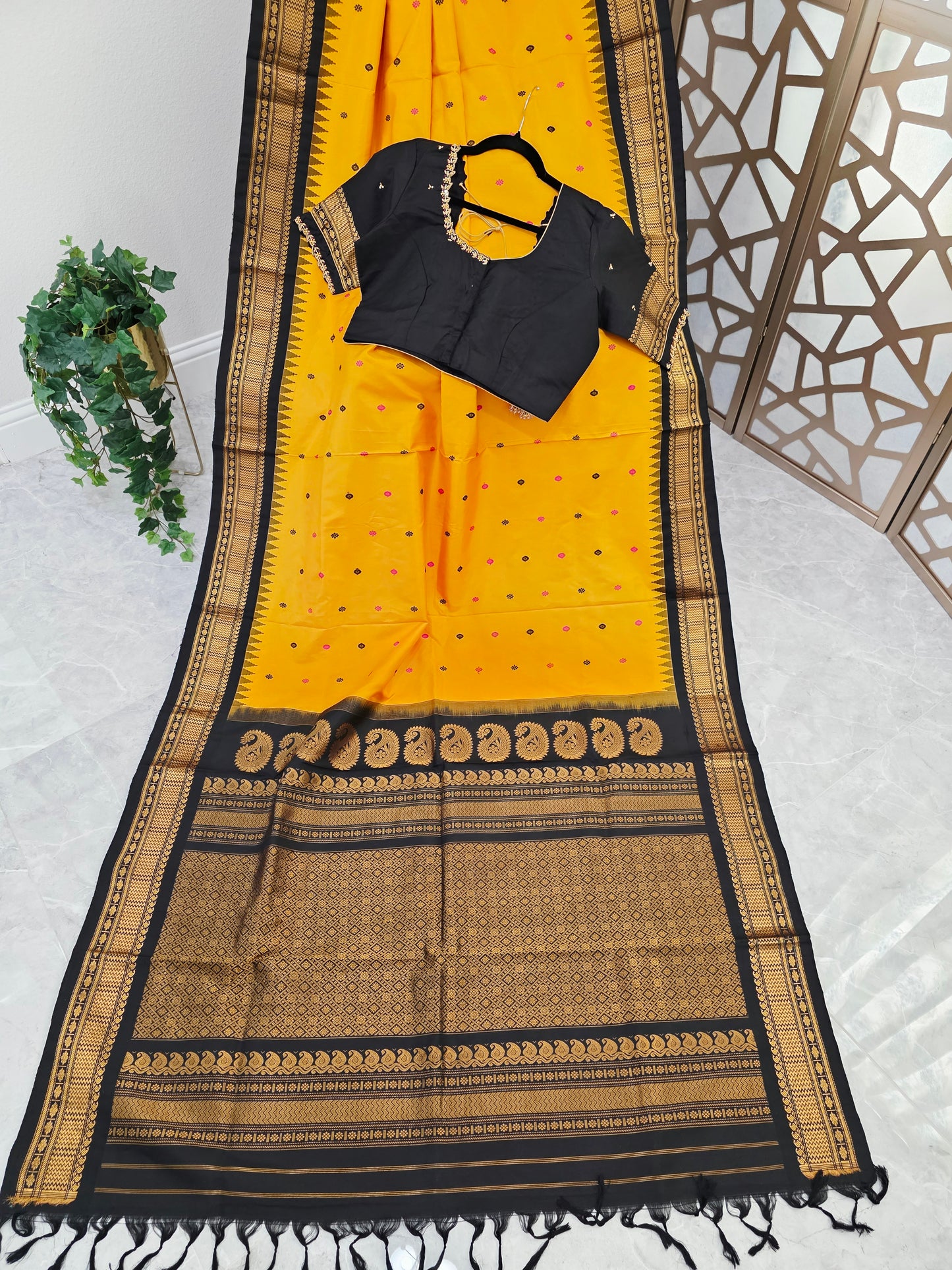 Marigold Yellow & Jet Black Pure Gadwal Handloom Silk Saree with Gold-Toned Borders & Stitched Maggam Blouse Size 40, Extendable to 46