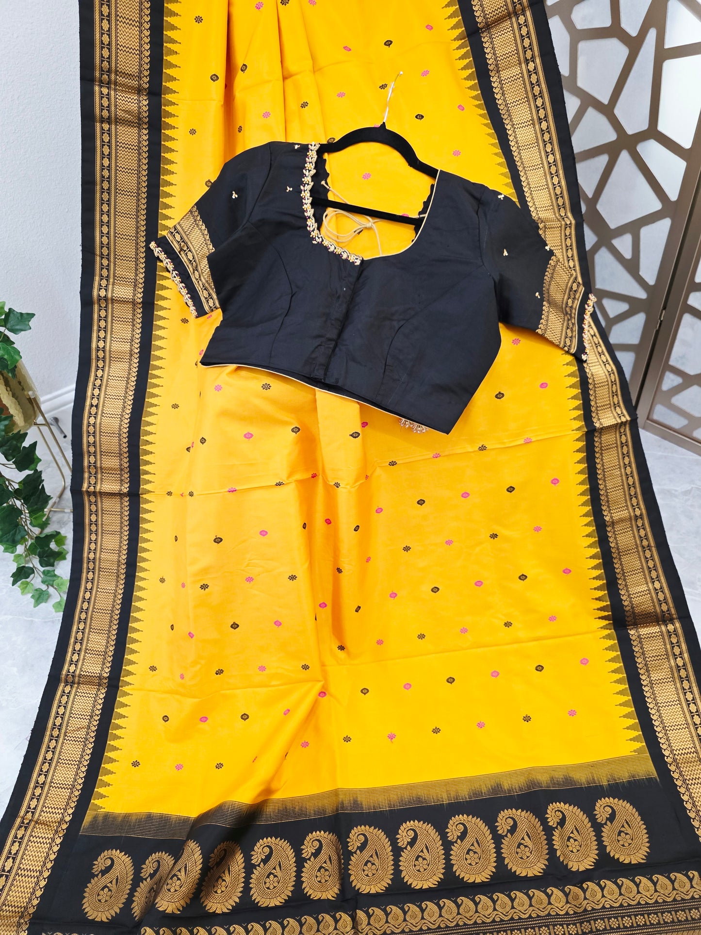 Marigold Yellow & Jet Black Pure Gadwal Handloom Silk Saree with Gold-Toned Borders & Stitched Maggam Blouse Size 40, Extendable to 46