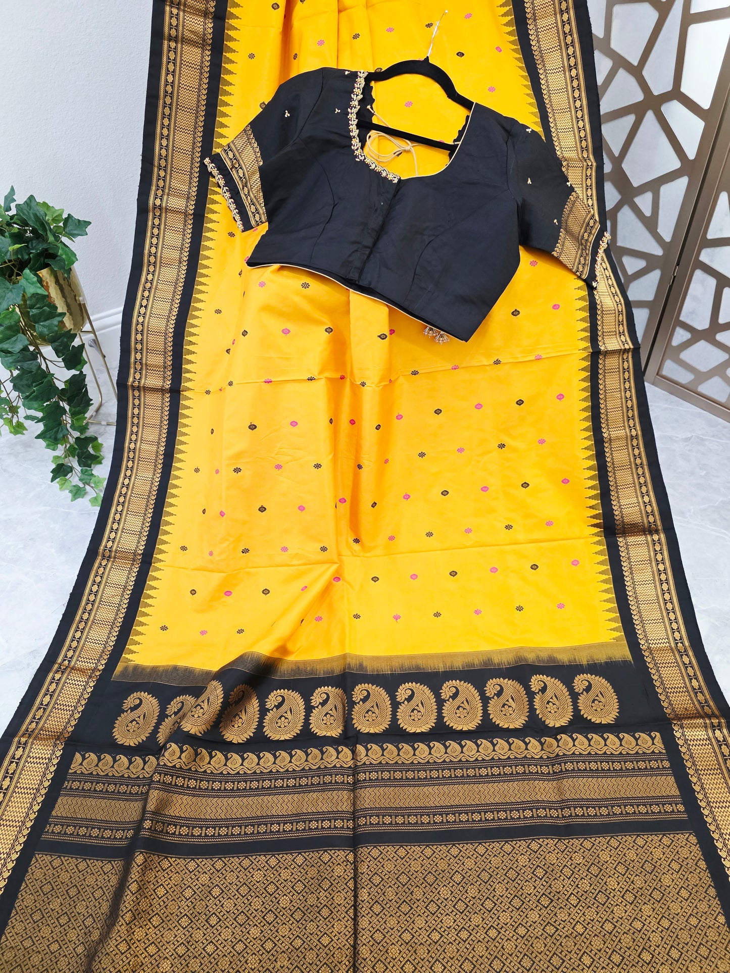Marigold Yellow & Jet Black Pure Gadwal Handloom Silk Saree with Gold-Toned Borders & Stitched Maggam Blouse Size 40, Extendable to 46