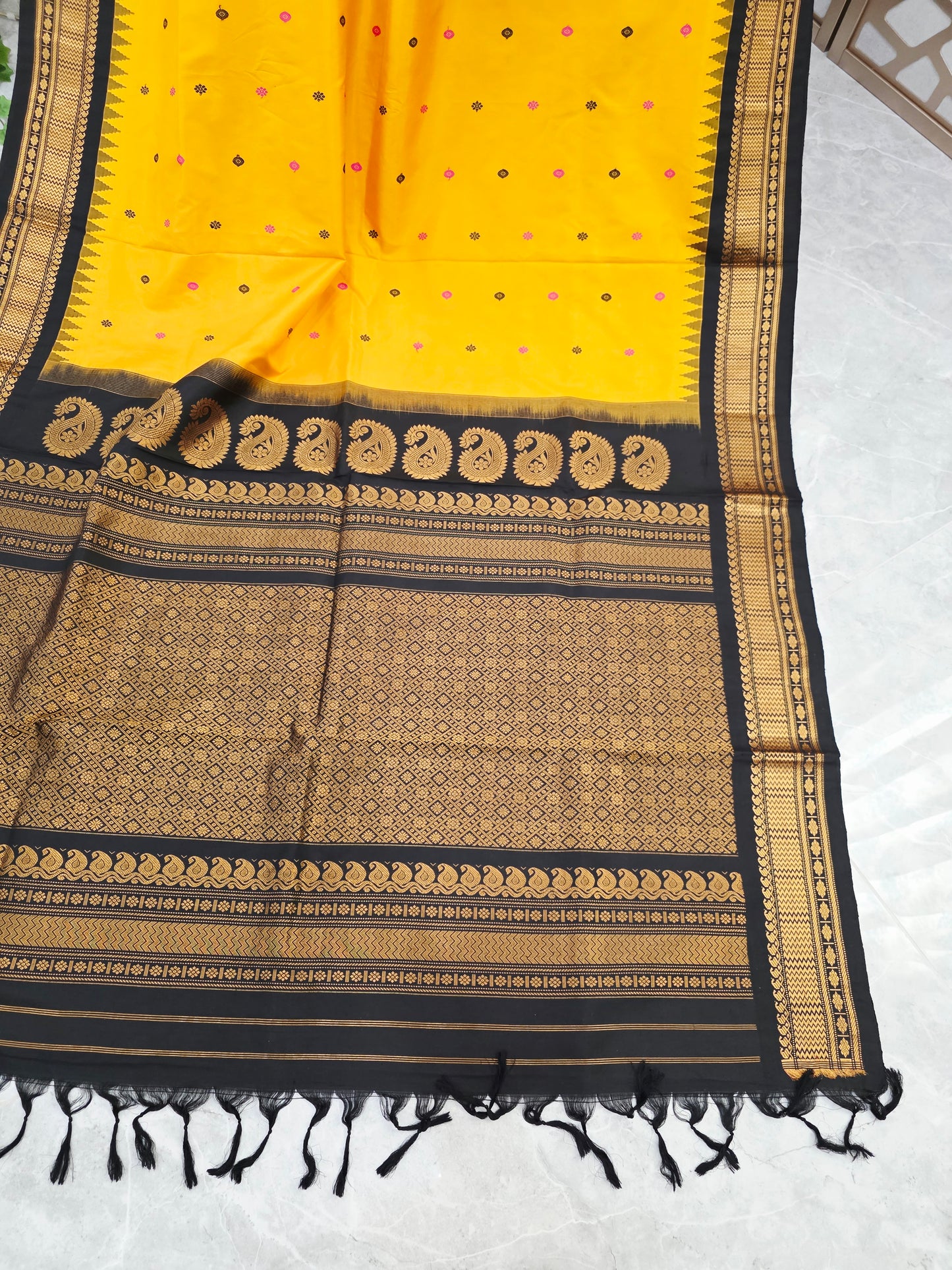 Marigold Yellow & Jet Black Pure Gadwal Handloom Silk Saree with Gold-Toned Borders & Stitched Maggam Blouse Size 40, Extendable to 46