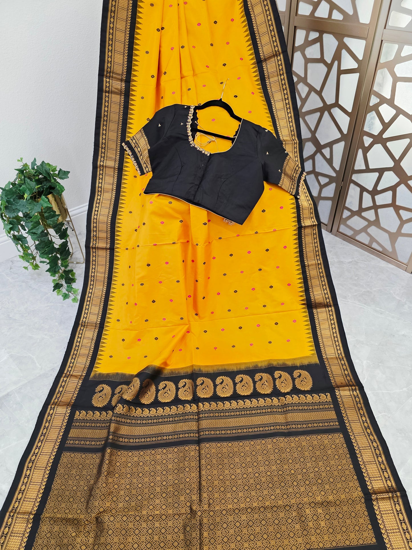 Marigold Yellow & Jet Black Pure Gadwal Handloom Silk Saree with Gold-Toned Borders & Stitched Maggam Blouse Size 40, Extendable to 46