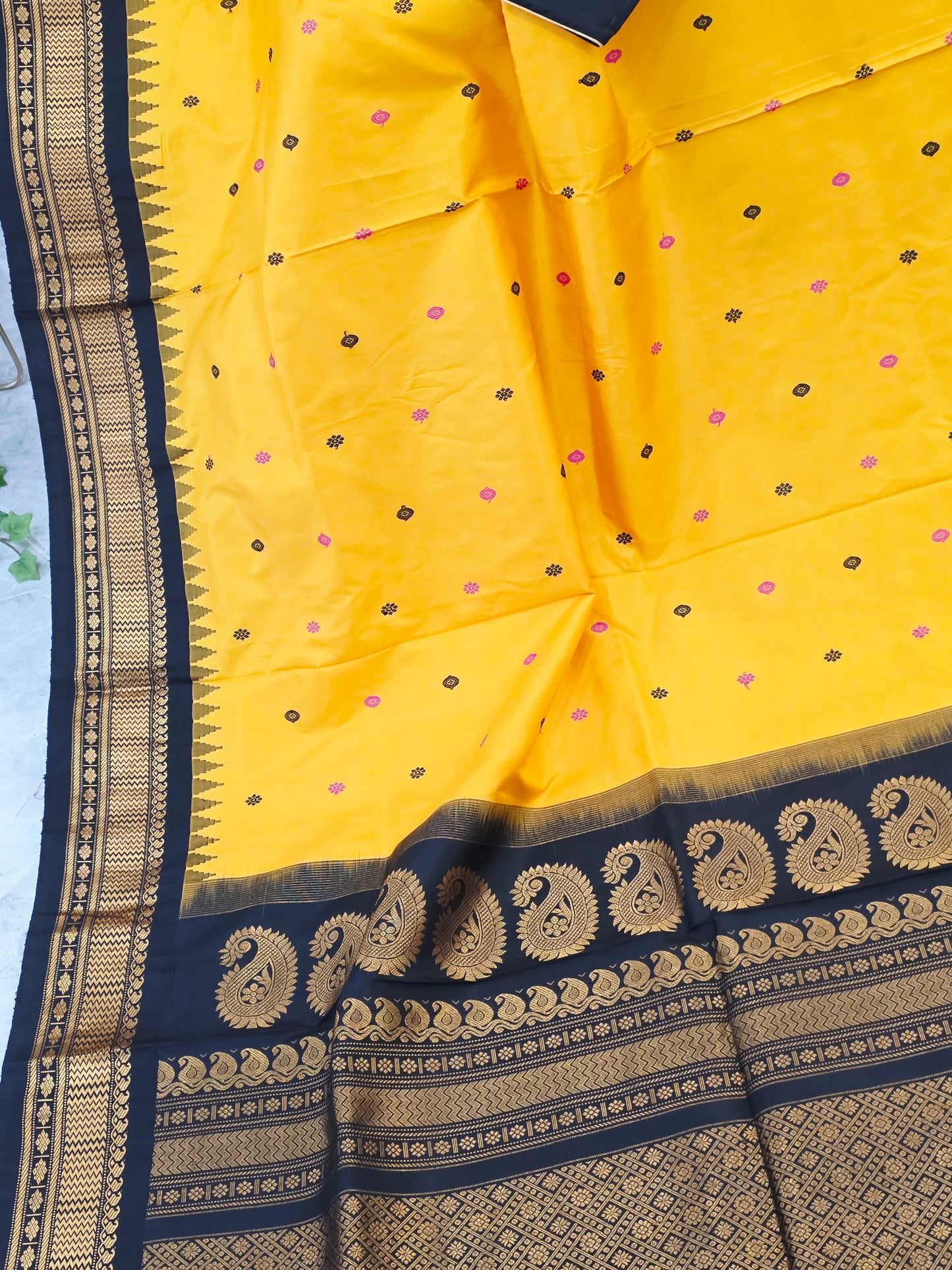 Marigold Yellow & Jet Black Pure Gadwal Handloom Silk Saree with Gold-Toned Borders & Stitched Maggam Blouse Size 40, Extendable to 46
