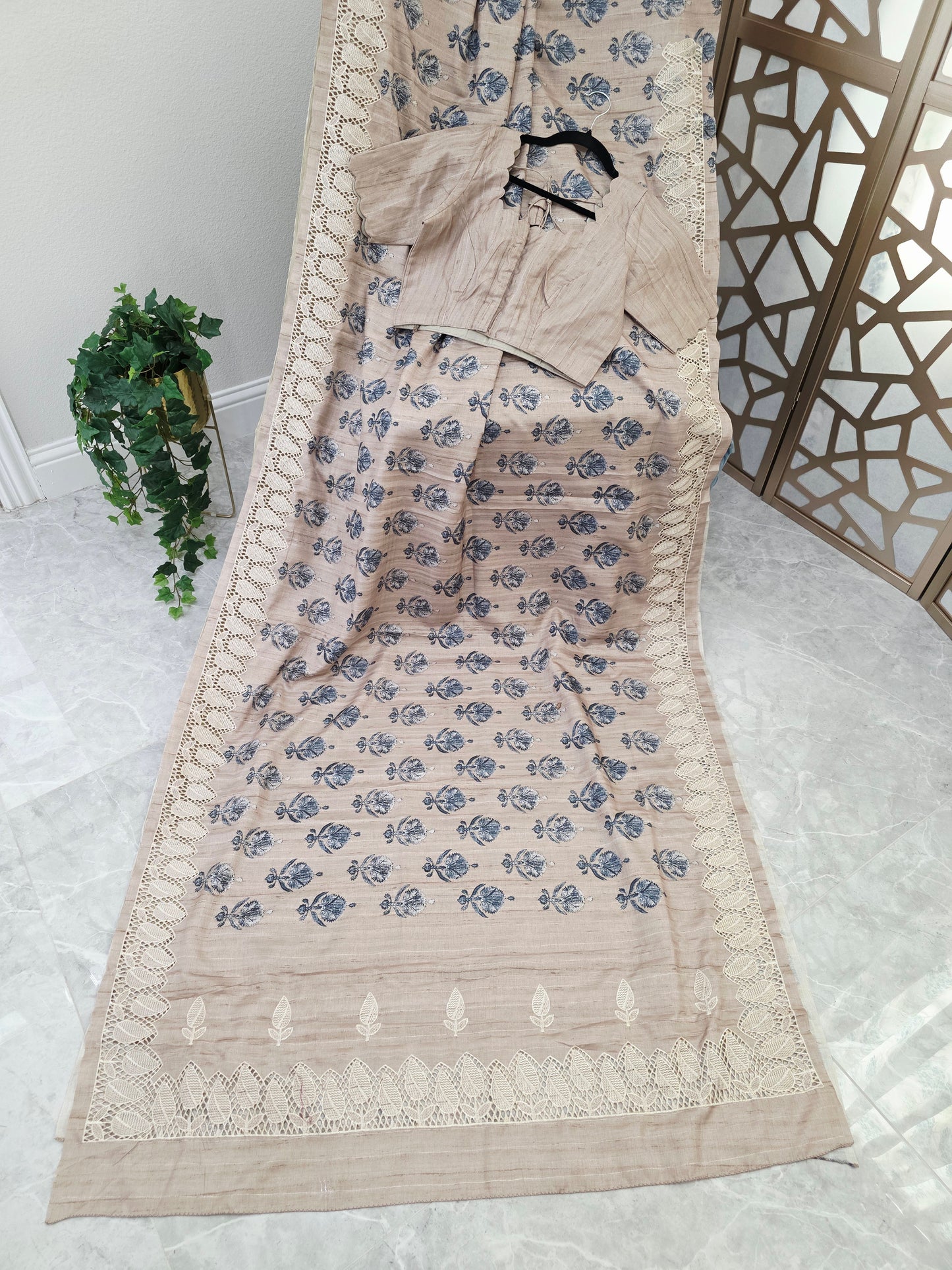 Oyster Beige Matka Tussar Silk Saree with Slate Blue Botanicals, Ivory Cutwork Border & Stitched Blouse Size 38, Extendable to 44