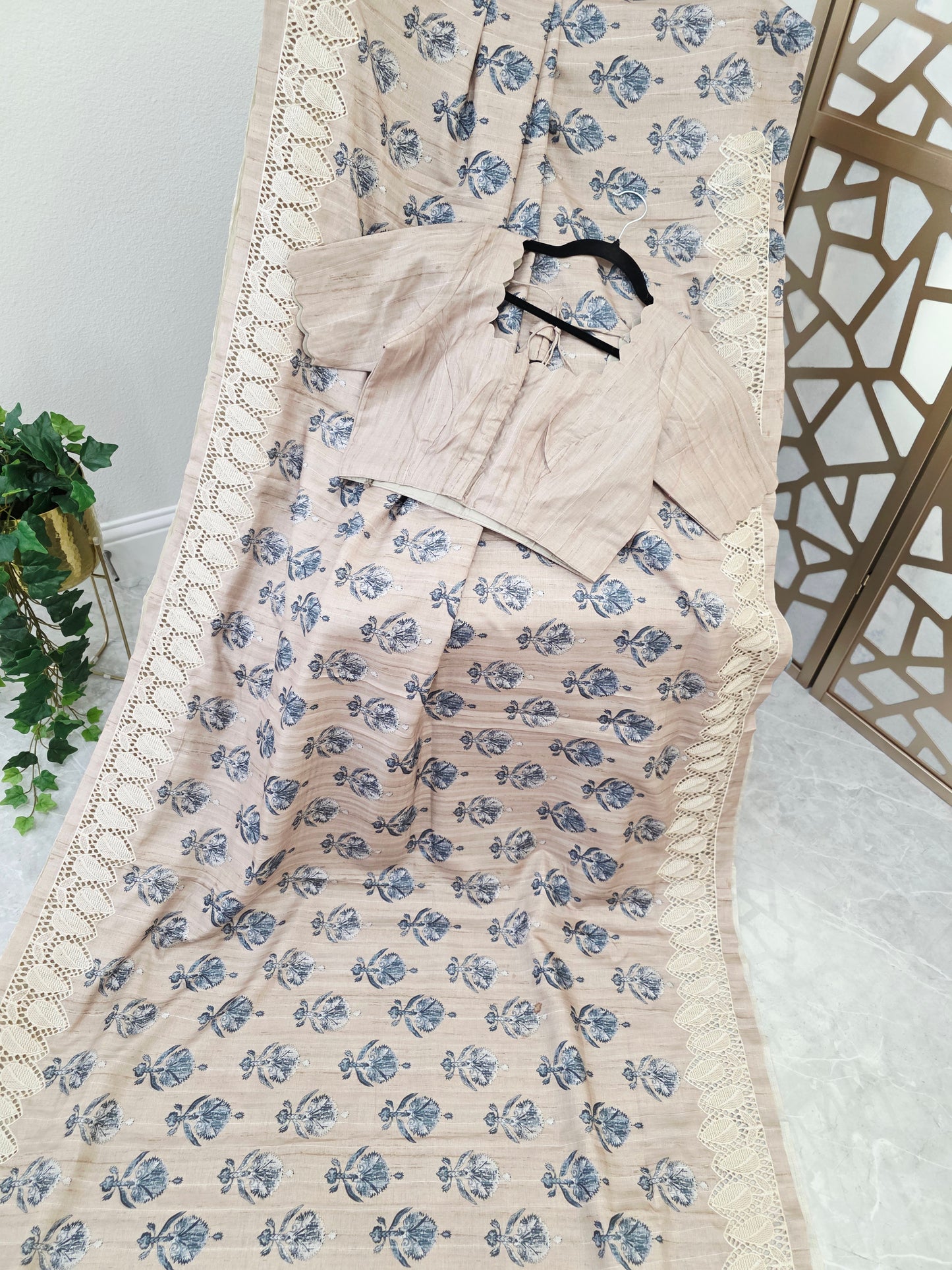 Oyster Beige Matka Tussar Silk Saree with Slate Blue Botanicals, Ivory Cutwork Border & Stitched Blouse Size 38, Extendable to 44