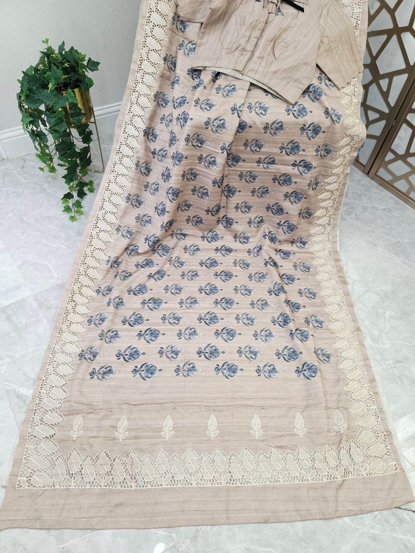 Oyster Beige Matka Tussar Silk Saree with Slate Blue Botanicals, Ivory Cutwork Border & Stitched Blouse Size 38, Extendable to 44
