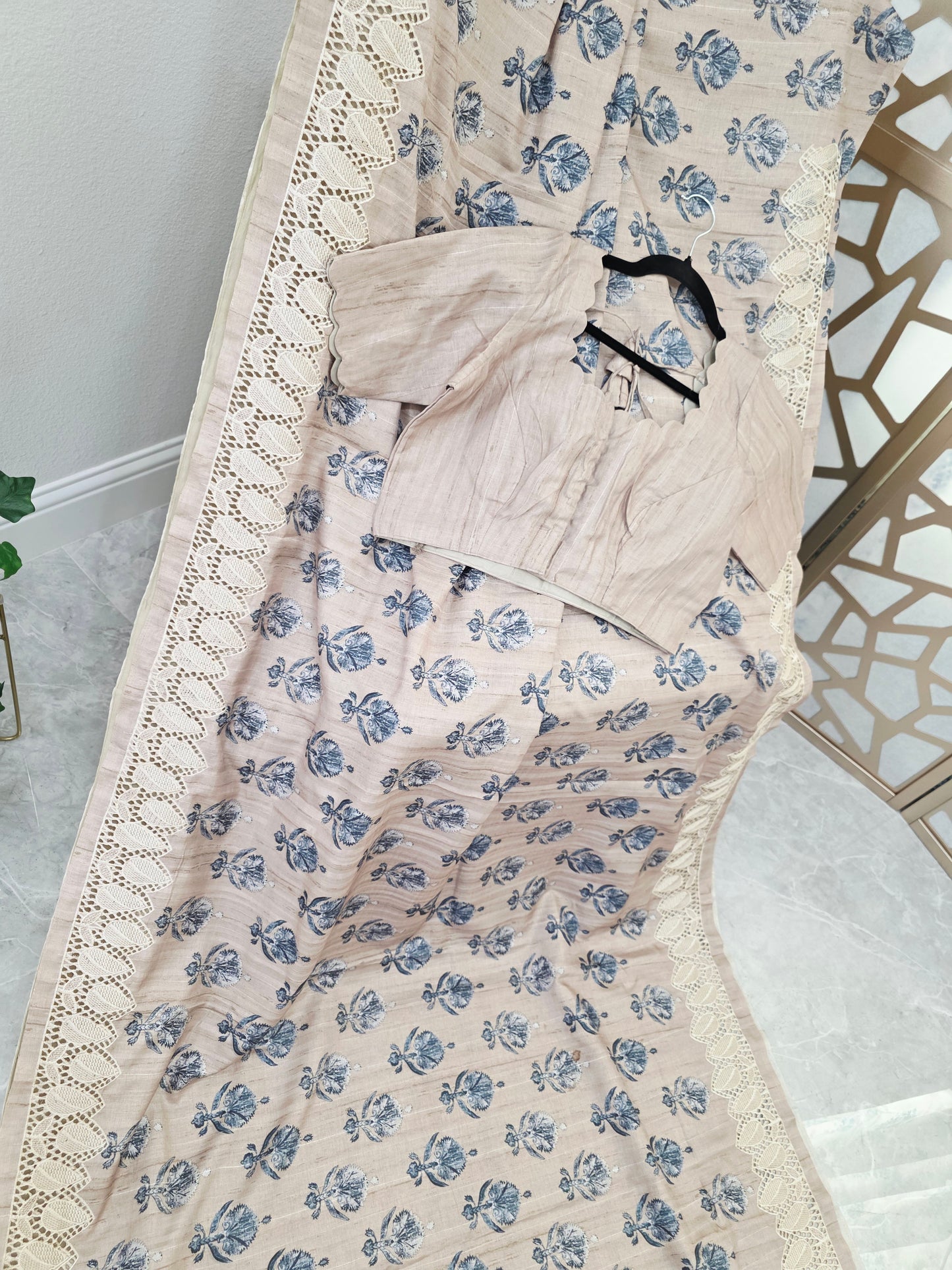 Oyster Beige Matka Tussar Silk Saree with Slate Blue Botanicals, Ivory Cutwork Border & Stitched Blouse Size 38, Extendable to 44