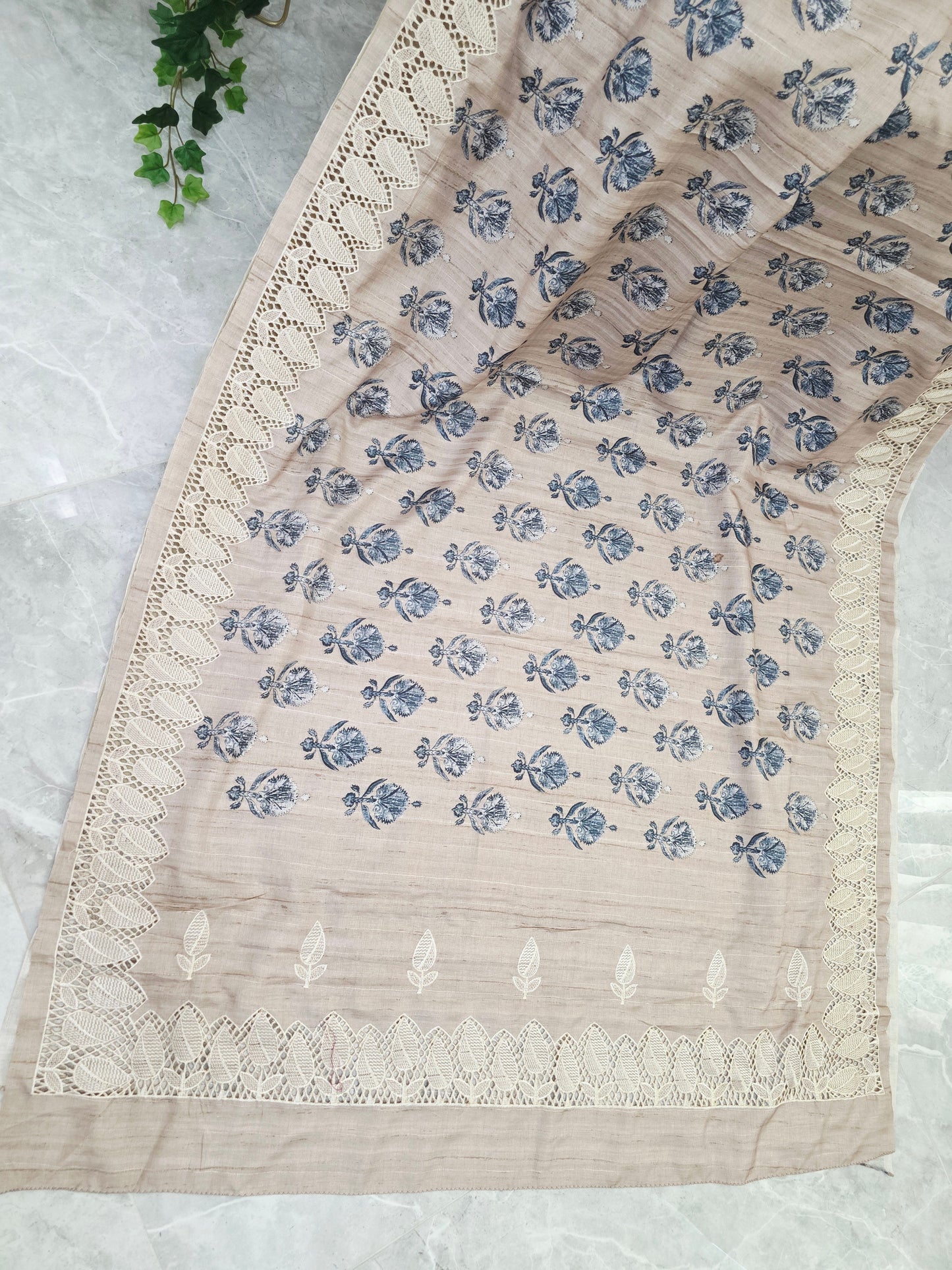 Oyster Beige Matka Tussar Silk Saree with Slate Blue Botanicals, Ivory Cutwork Border & Stitched Blouse Size 38, Extendable to 44