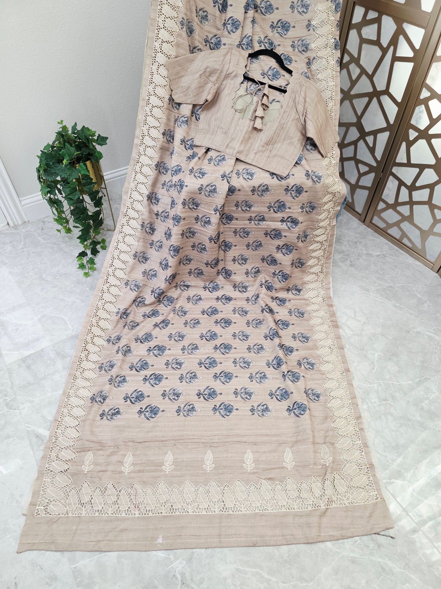 Oyster Beige Matka Tussar Silk Saree with Slate Blue Botanicals, Ivory Cutwork Border & Stitched Blouse Size 38, Extendable to 44