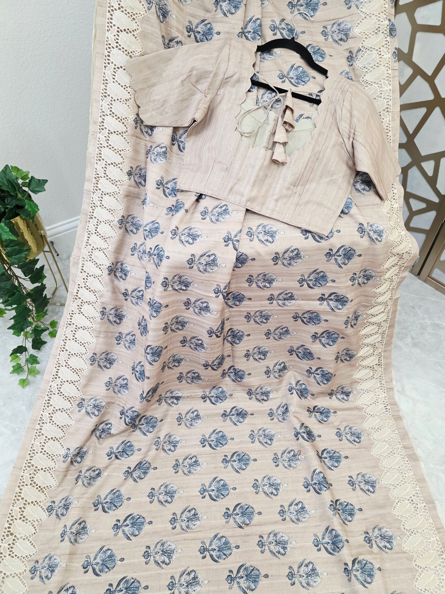Oyster Beige Matka Tussar Silk Saree with Slate Blue Botanicals, Ivory Cutwork Border & Stitched Blouse Size 38, Extendable to 44