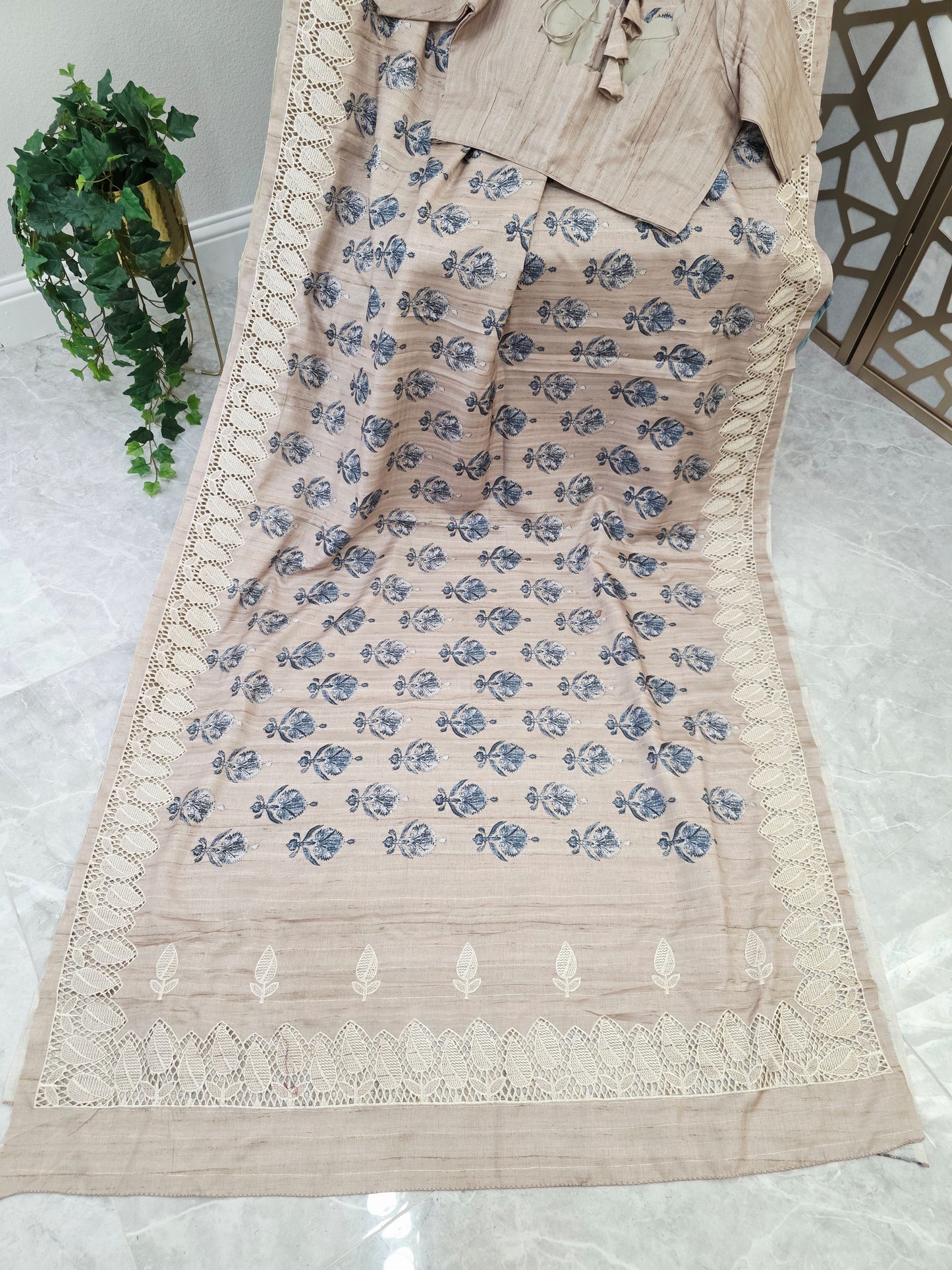 Oyster Beige Matka Tussar Silk Saree with Slate Blue Botanicals, Ivory Cutwork Border & Stitched Blouse Size 38, Extendable to 44