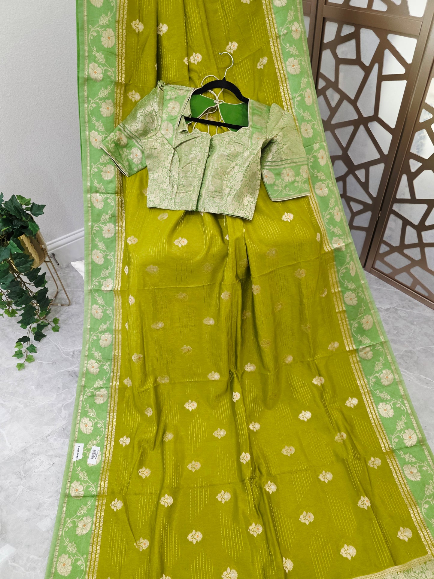 Golden Olive Green Soft Benarasi Silk Saree with Pistachio Floral Borders & Stitched Brocade Blouse Size 34, Extendable to 40