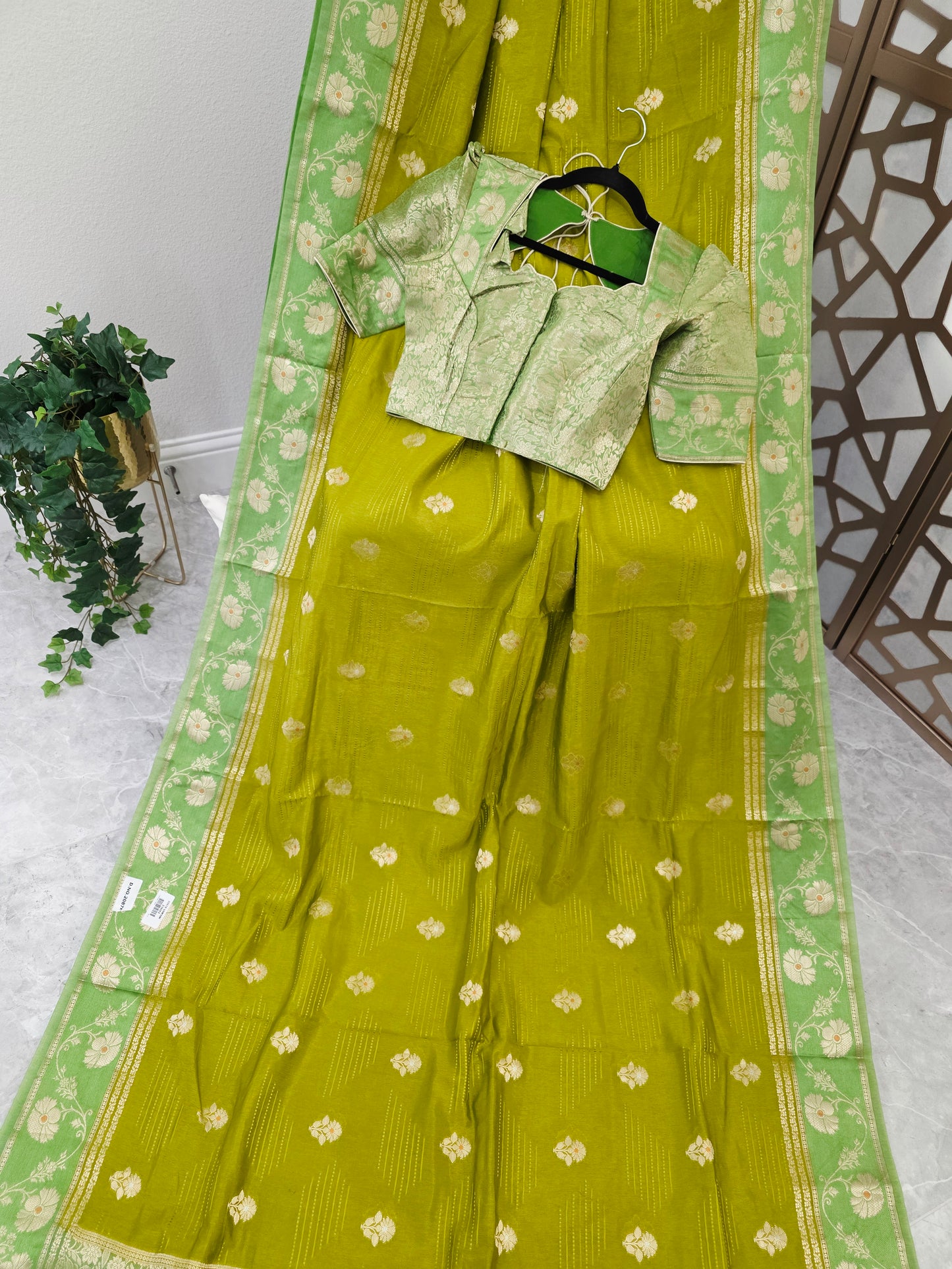 Golden Olive Green Soft Benarasi Silk Saree with Pistachio Floral Borders & Stitched Brocade Blouse Size 34, Extendable to 40