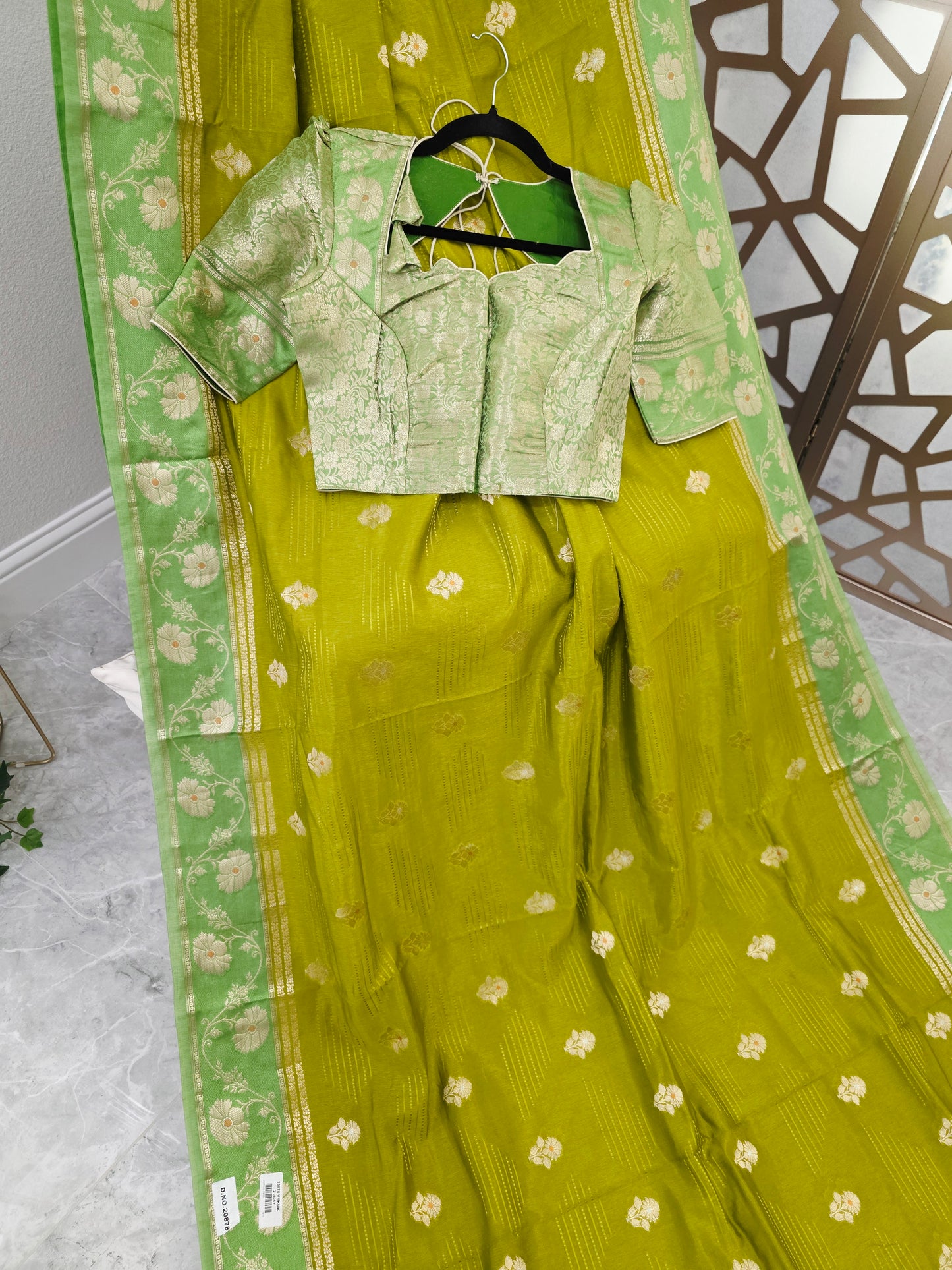 Golden Olive Green Soft Benarasi Silk Saree with Pistachio Floral Borders & Stitched Brocade Blouse Size 34, Extendable to 40
