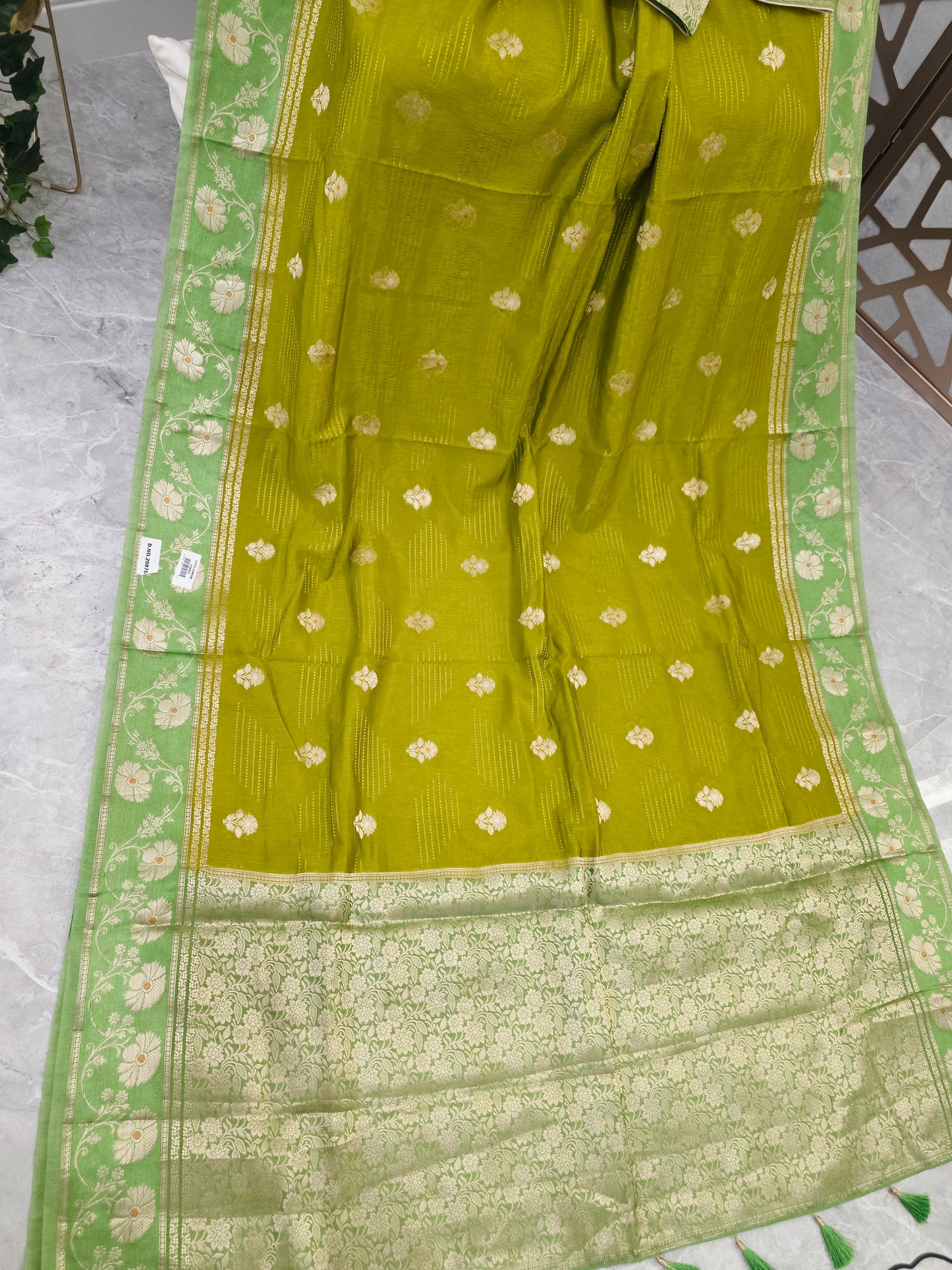 Golden Olive Green Soft Benarasi Silk Saree with Pistachio Floral Borders & Stitched Brocade Blouse Size 34, Extendable to 40