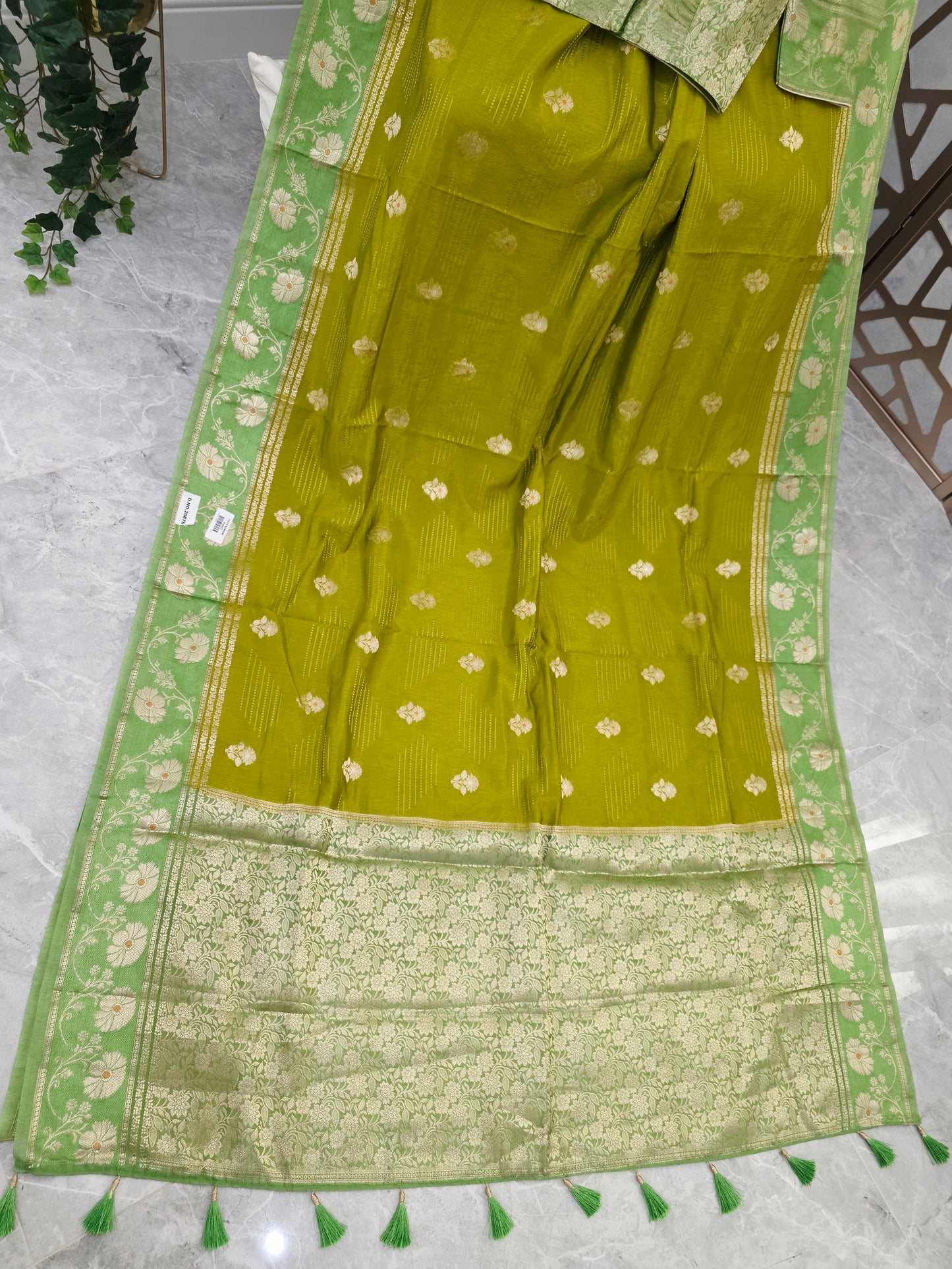 Golden Olive Green Soft Benarasi Silk Saree with Pistachio Floral Borders & Stitched Brocade Blouse Size 34, Extendable to 40