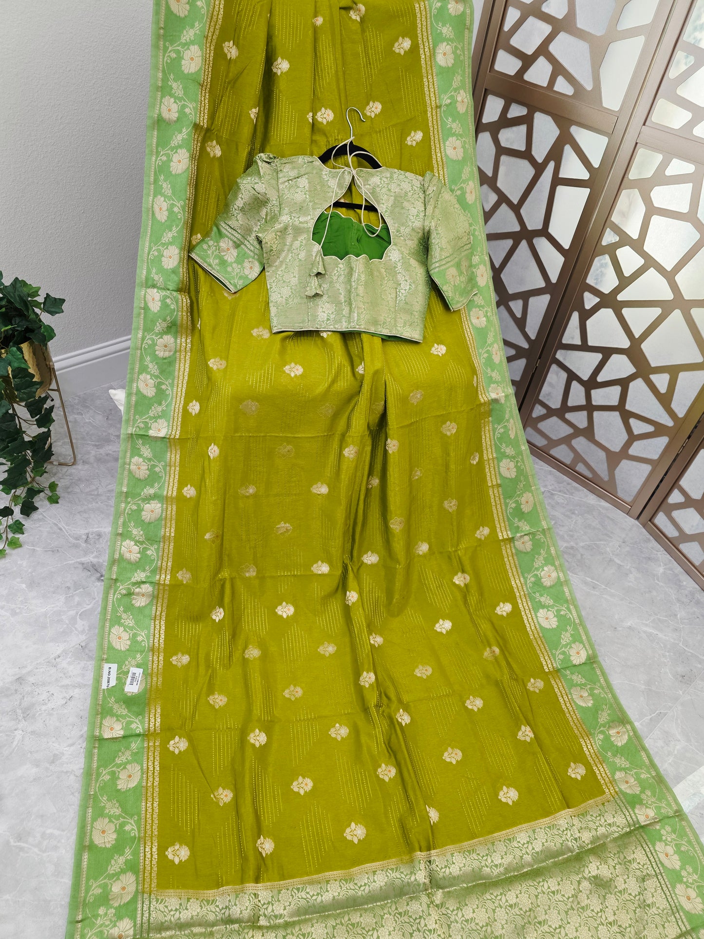 Golden Olive Green Soft Benarasi Silk Saree with Pistachio Floral Borders & Stitched Brocade Blouse Size 34, Extendable to 40