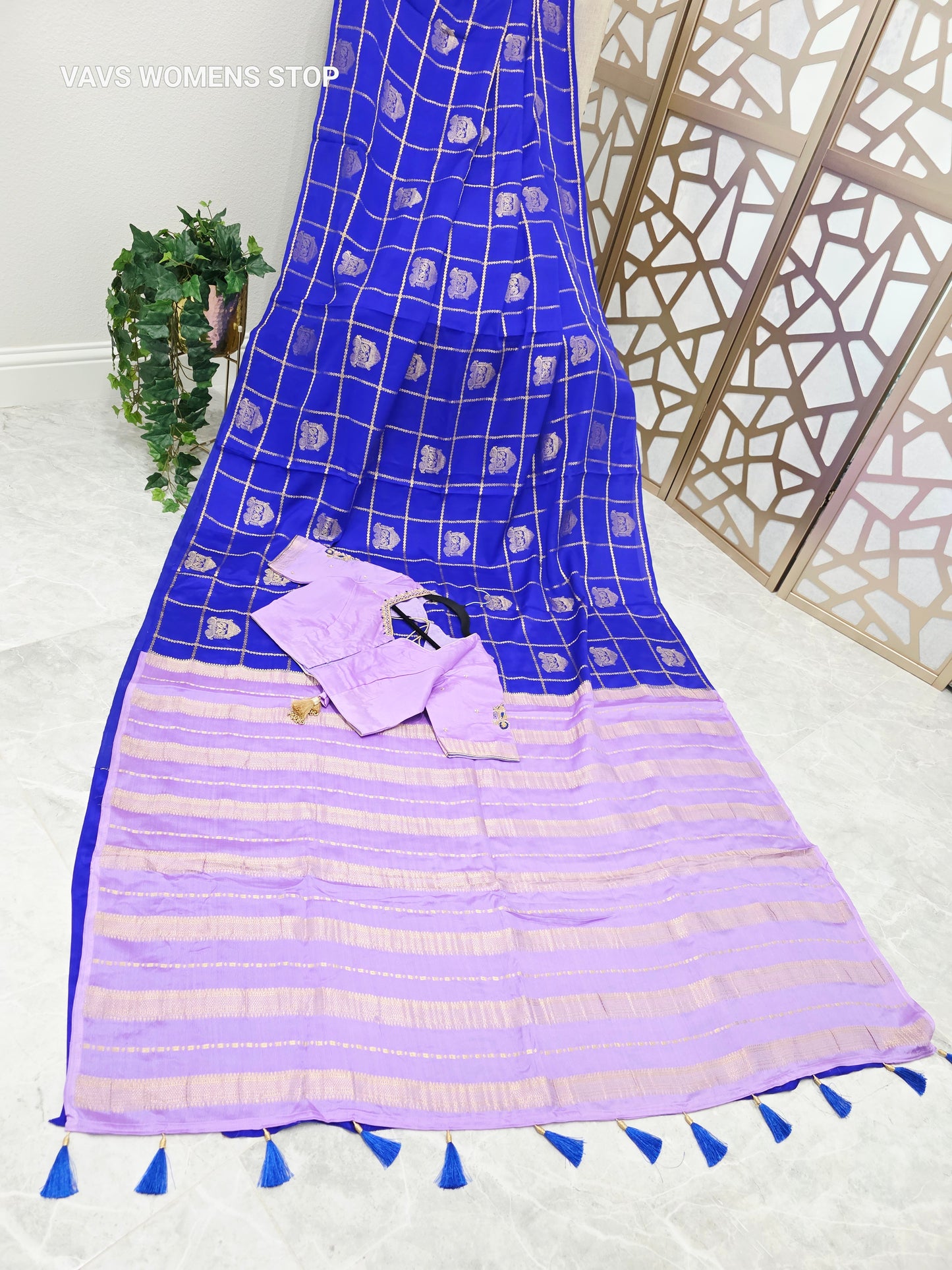 Royal Blue & Pastel Lilac Pure Mysore Crepe Silk Saree 140 GSM with Gold Checks & Stitched Maggam Blouse Size 36, Extendable to 42