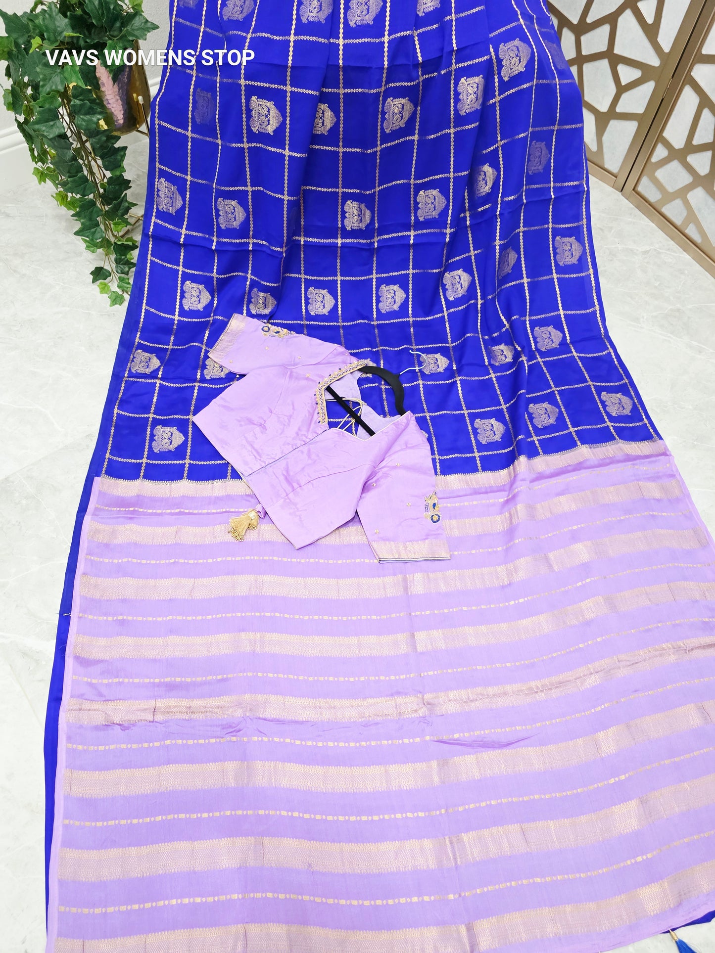 Royal Blue & Pastel Lilac Pure Mysore Crepe Silk Saree 140 GSM with Gold Checks & Stitched Maggam Blouse Size 36, Extendable to 42