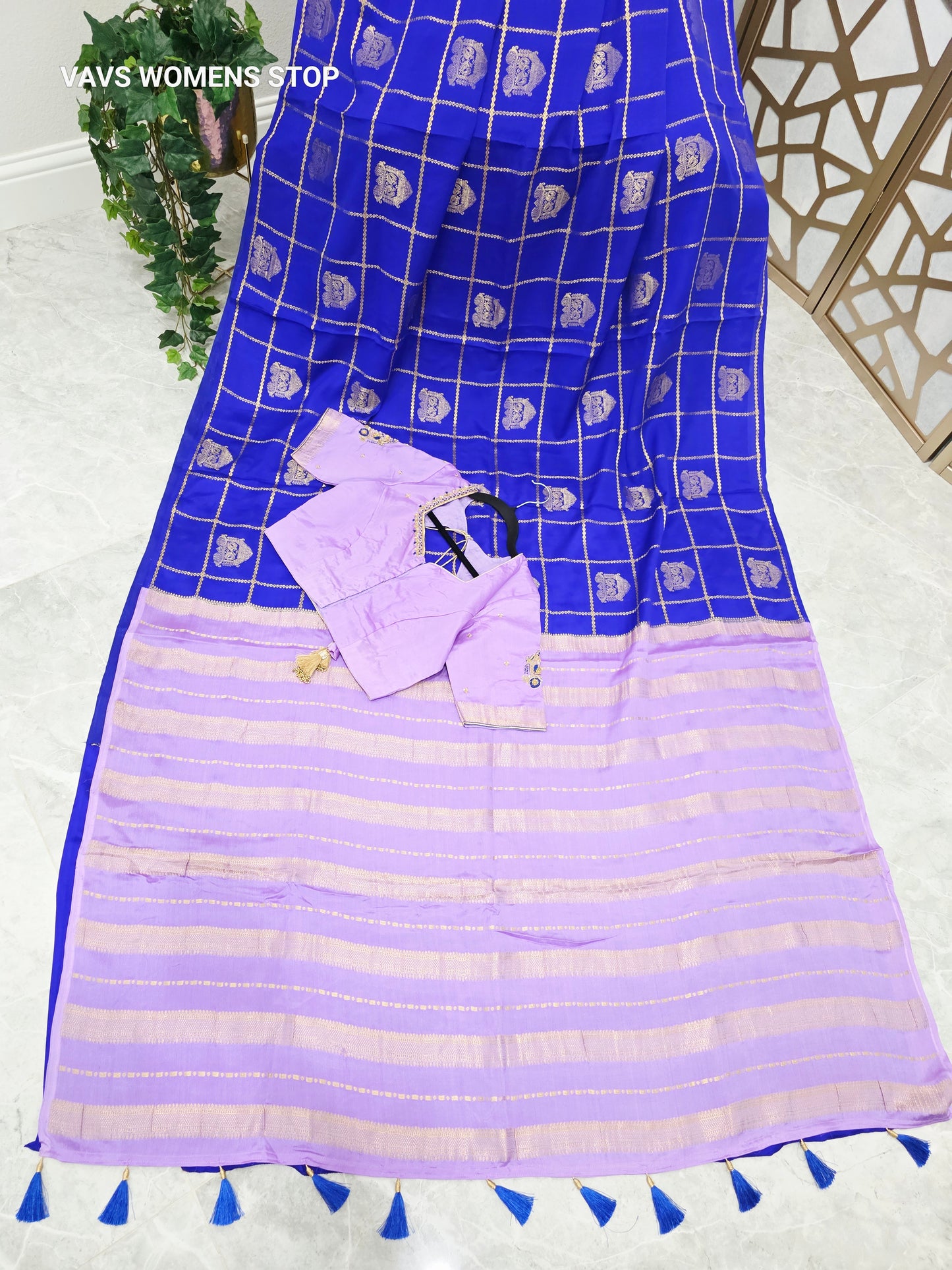 Royal Blue & Pastel Lilac Pure Mysore Crepe Silk Saree 140 GSM with Gold Checks & Stitched Maggam Blouse Size 36, Extendable to 42