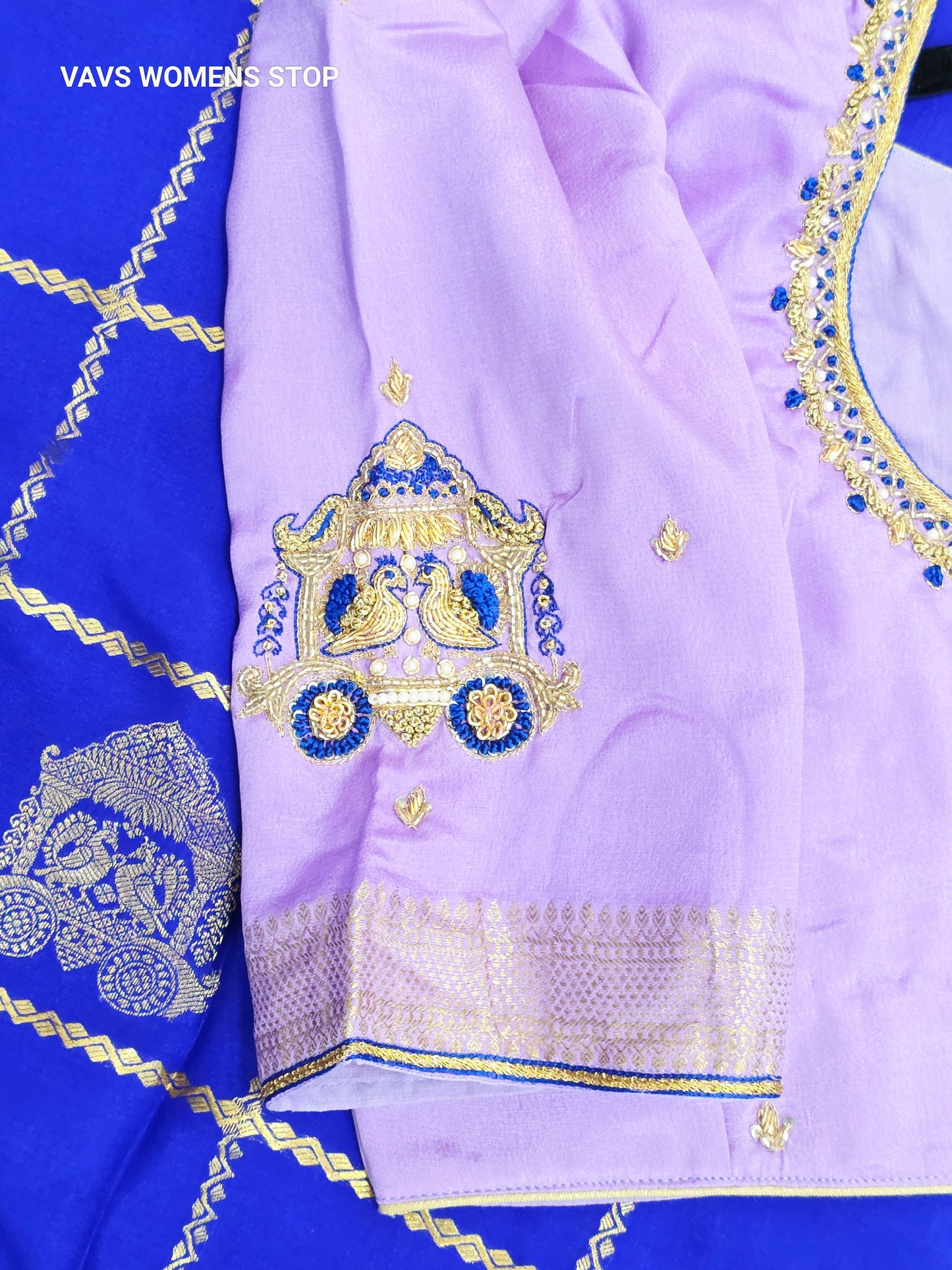 Royal Blue & Pastel Lilac Pure Mysore Crepe Silk Saree 140 GSM with Gold Checks & Stitched Maggam Blouse Size 36, Extendable to 42