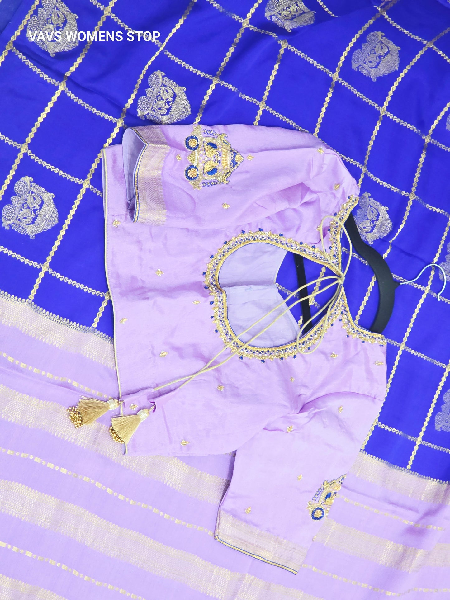 Royal Blue & Pastel Lilac Pure Mysore Crepe Silk Saree 140 GSM with Gold Checks & Stitched Maggam Blouse Size 36, Extendable to 42
