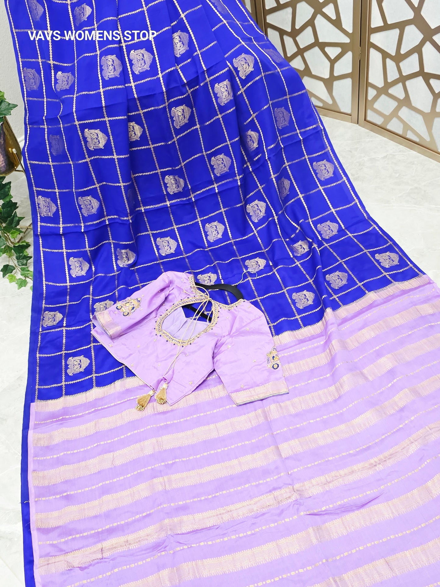 Royal Blue & Pastel Lilac Pure Mysore Crepe Silk Saree 140 GSM with Gold Checks & Stitched Maggam Blouse Size 36, Extendable to 42