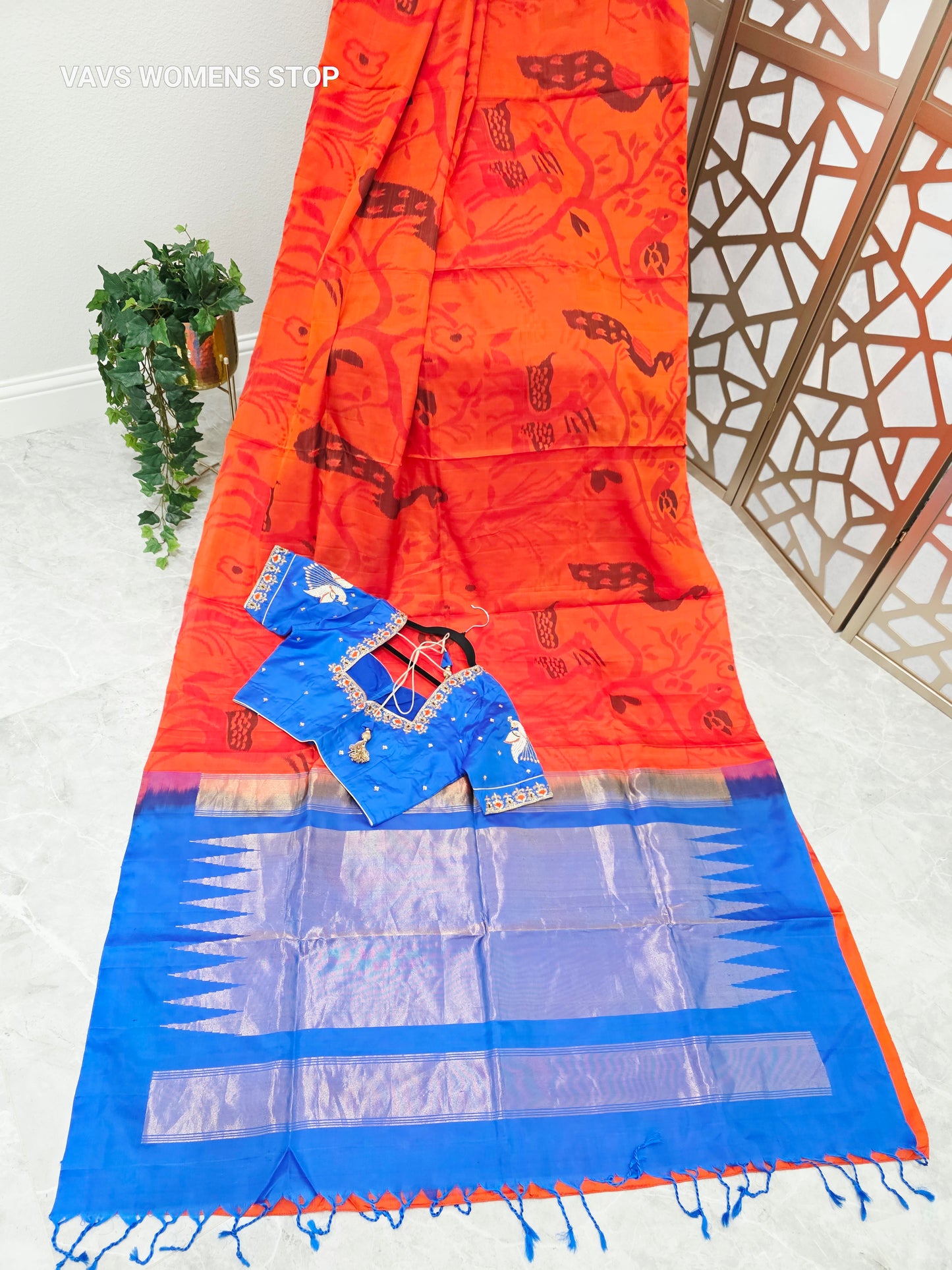Tangerine Orange Borderless Pure Kanchi Soft Silk Saree with Pochampally Design & Cobalt Blue Peacock Maggam Blouse Size 38, Extendable to 44