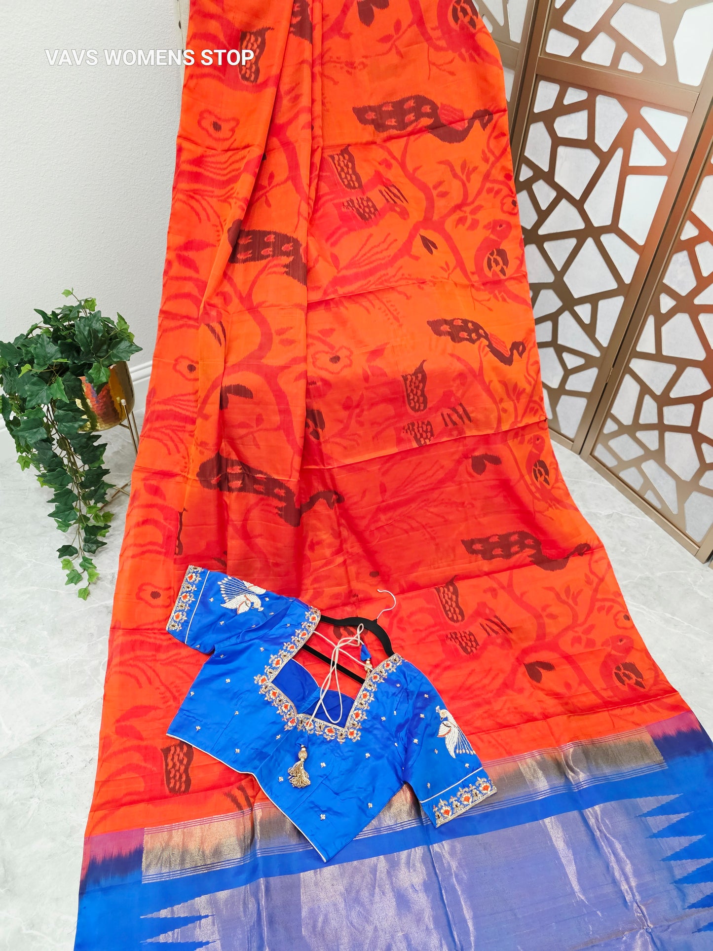 Tangerine Orange Borderless Pure Kanchi Soft Silk Saree with Pochampally Design & Cobalt Blue Peacock Maggam Blouse Size 38, Extendable to 44