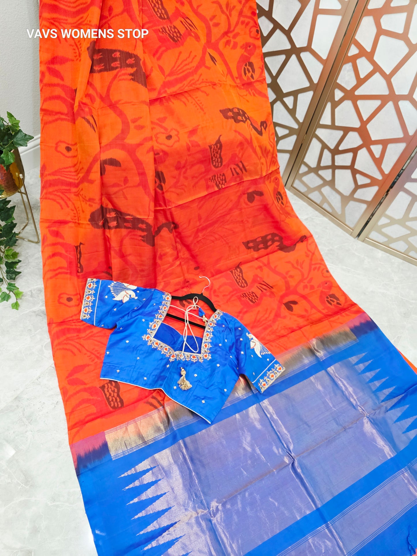Tangerine Orange Borderless Pure Kanchi Soft Silk Saree with Pochampally Design & Cobalt Blue Peacock Maggam Blouse Size 38, Extendable to 44