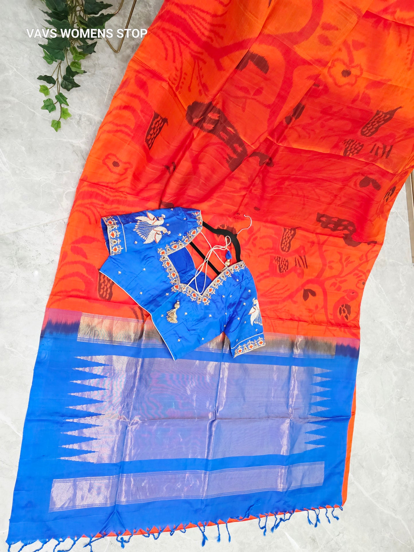 Tangerine Orange Borderless Pure Kanchi Soft Silk Saree with Pochampally Design & Cobalt Blue Peacock Maggam Blouse Size 38, Extendable to 44