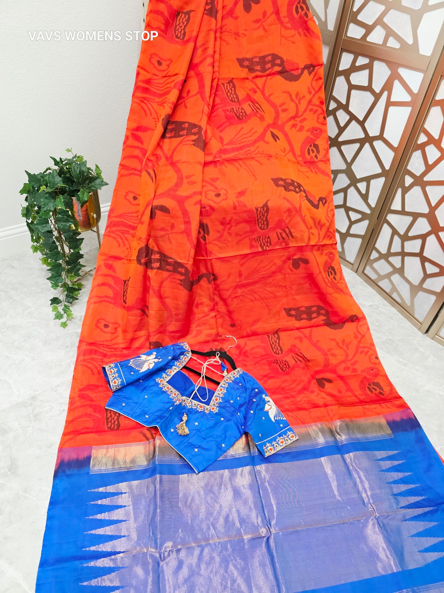 Tangerine Orange Borderless Pure Kanchi Soft Silk Saree with Pochampally Design & Cobalt Blue Peacock Maggam Blouse Size 38, Extendable to 44