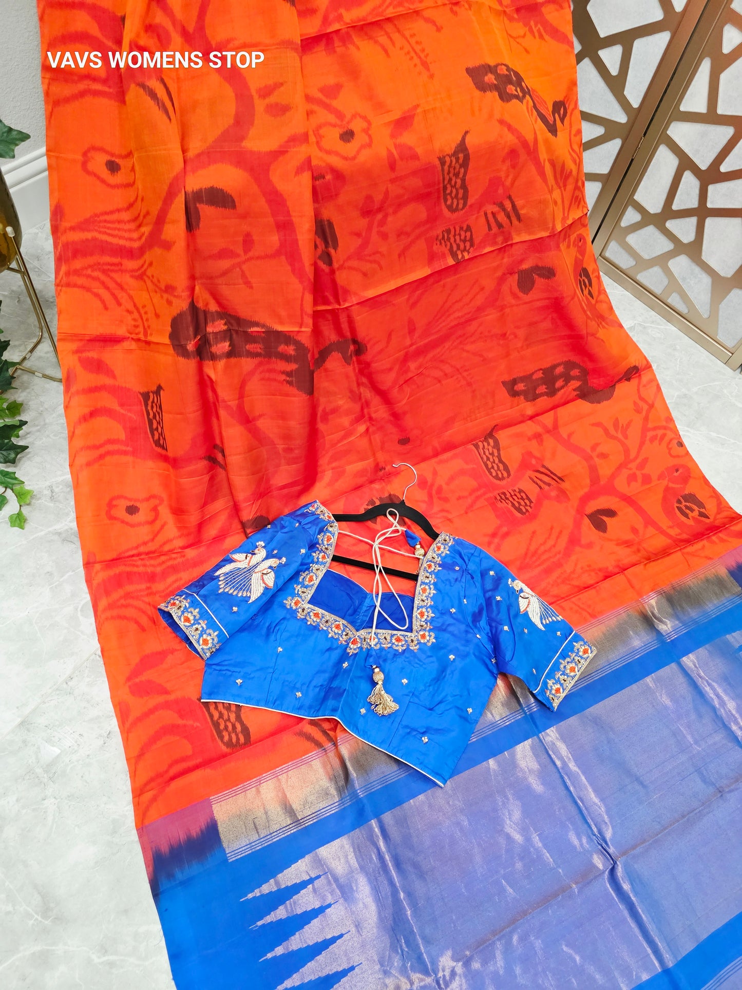 Tangerine Orange Borderless Pure Kanchi Soft Silk Saree with Pochampally Design & Cobalt Blue Peacock Maggam Blouse Size 38, Extendable to 44