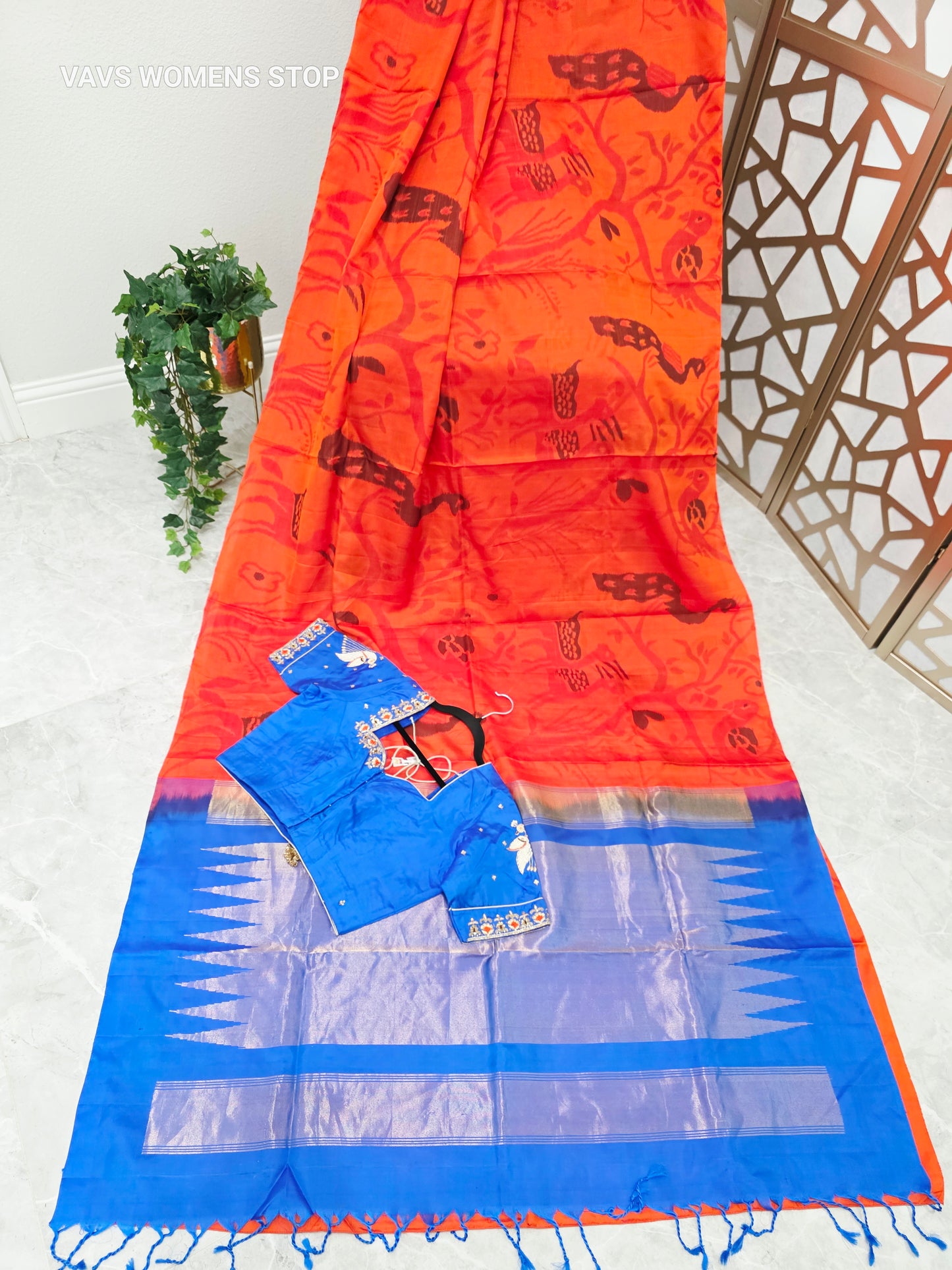 Tangerine Orange Borderless Pure Kanchi Soft Silk Saree with Pochampally Design & Cobalt Blue Peacock Maggam Blouse Size 38, Extendable to 44