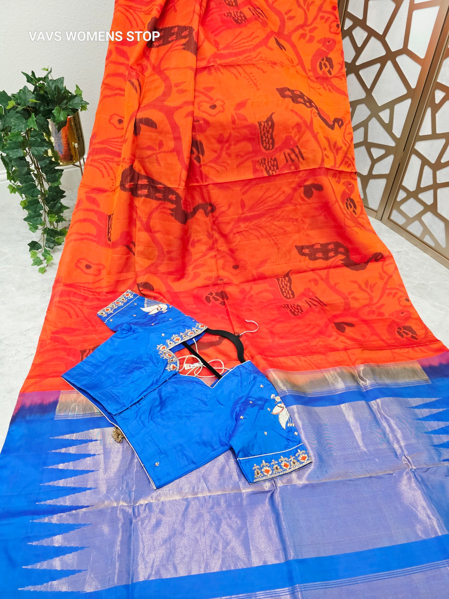 Tangerine Orange Borderless Pure Kanchi Soft Silk Saree with Pochampally Design & Cobalt Blue Peacock Maggam Blouse Size 38, Extendable to 44