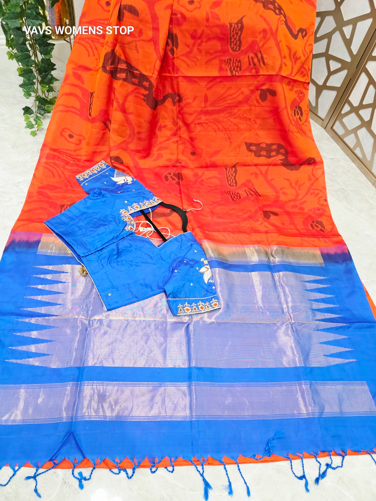 Tangerine Orange Borderless Pure Kanchi Soft Silk Saree with Pochampally Design & Cobalt Blue Peacock Maggam Blouse Size 38, Extendable to 44