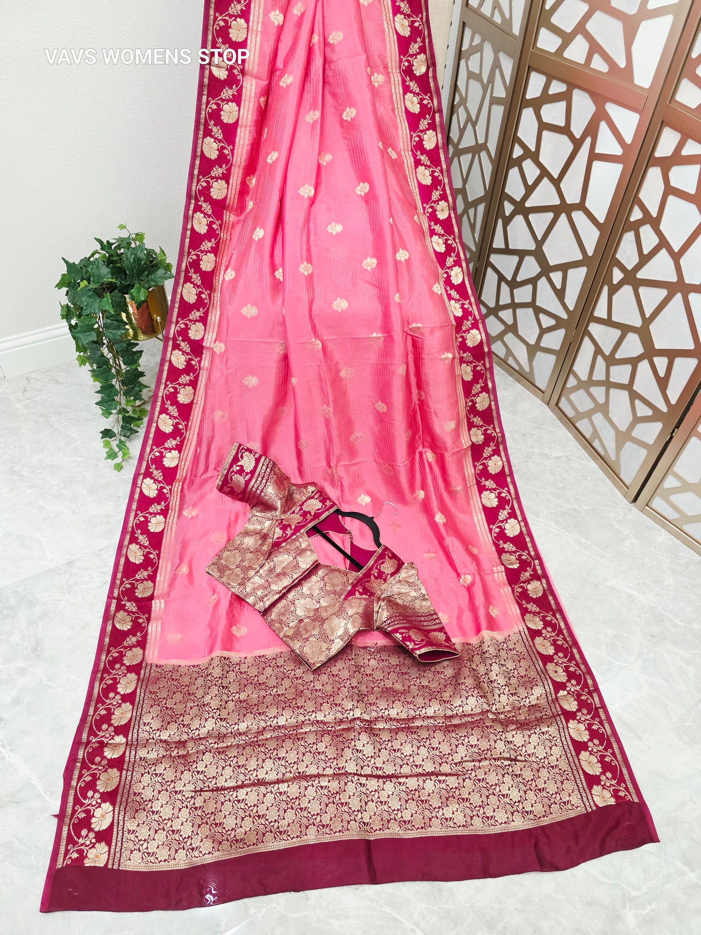 Rose Pink Soft Benarasi Silk Saree with Wine-Maroon Floral Borders & Gold Brocade Stitched Blouse Size 38, Extendable to 44