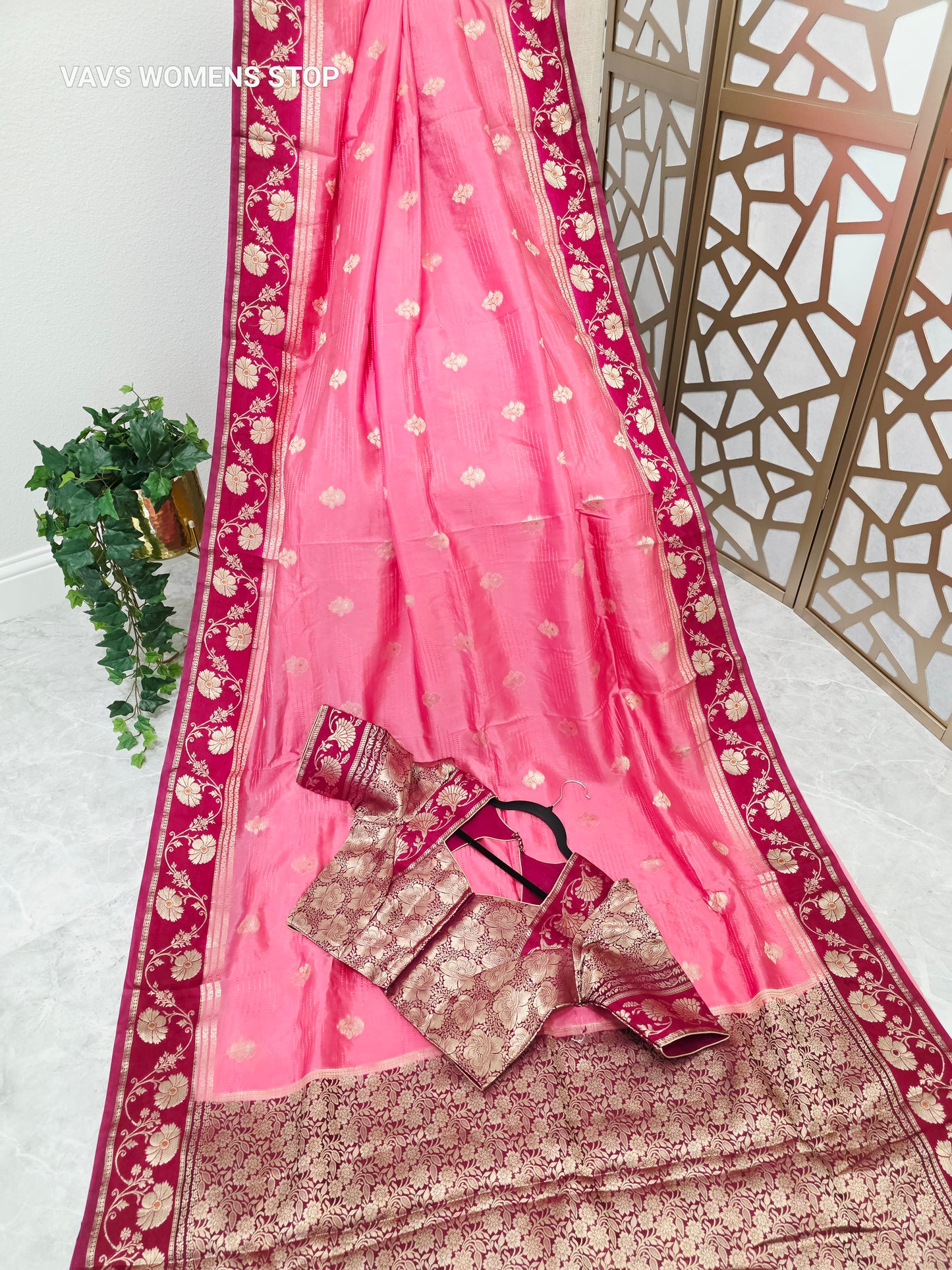 Rose Pink Soft Benarasi Silk Saree with Wine-Maroon Floral Borders & Gold Brocade Stitched Blouse Size 38, Extendable to 44