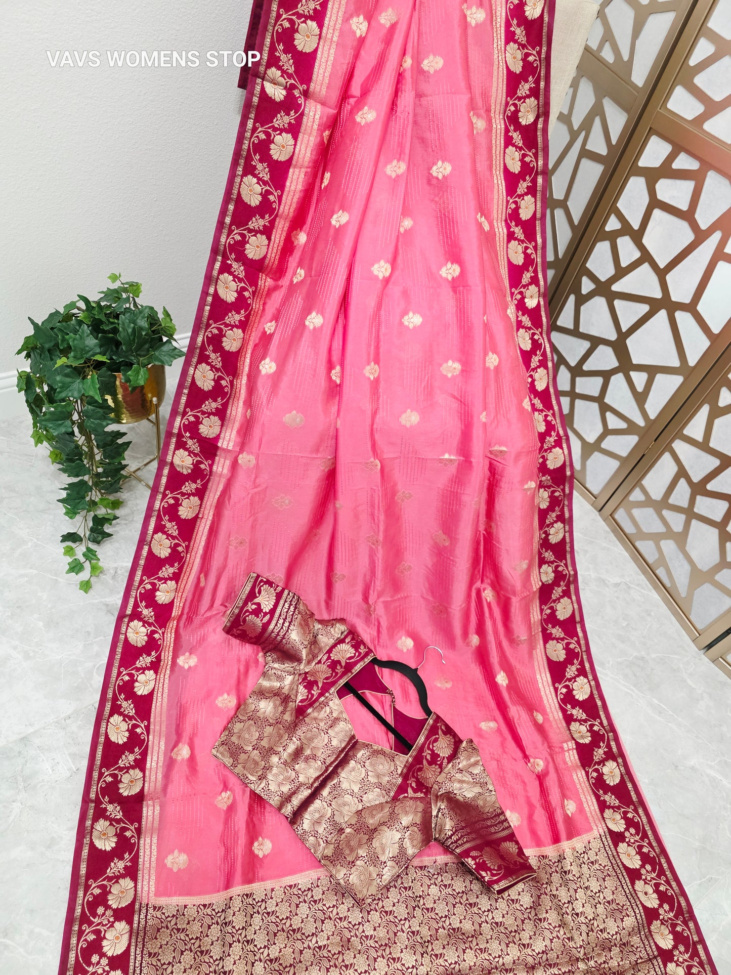 Rose Pink Soft Benarasi Silk Saree with Wine-Maroon Floral Borders & Gold Brocade Stitched Blouse Size 38, Extendable to 44