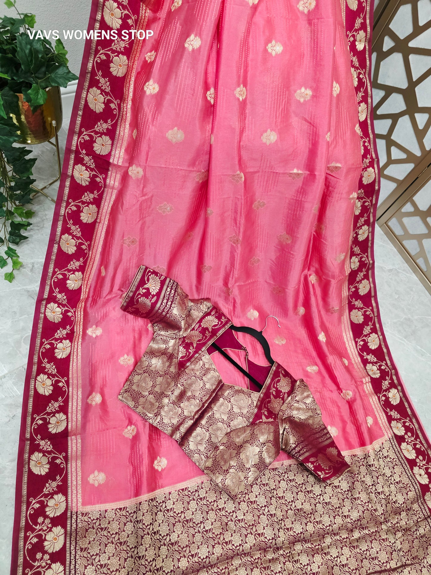 Rose Pink Soft Benarasi Silk Saree with Wine-Maroon Floral Borders & Gold Brocade Stitched Blouse Size 38, Extendable to 44