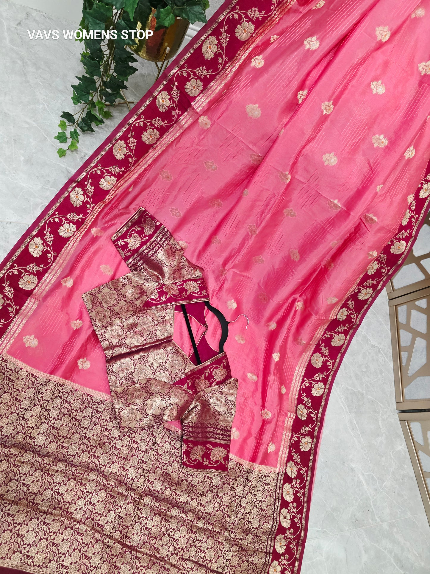 Rose Pink Soft Benarasi Silk Saree with Wine-Maroon Floral Borders & Gold Brocade Stitched Blouse Size 38, Extendable to 44
